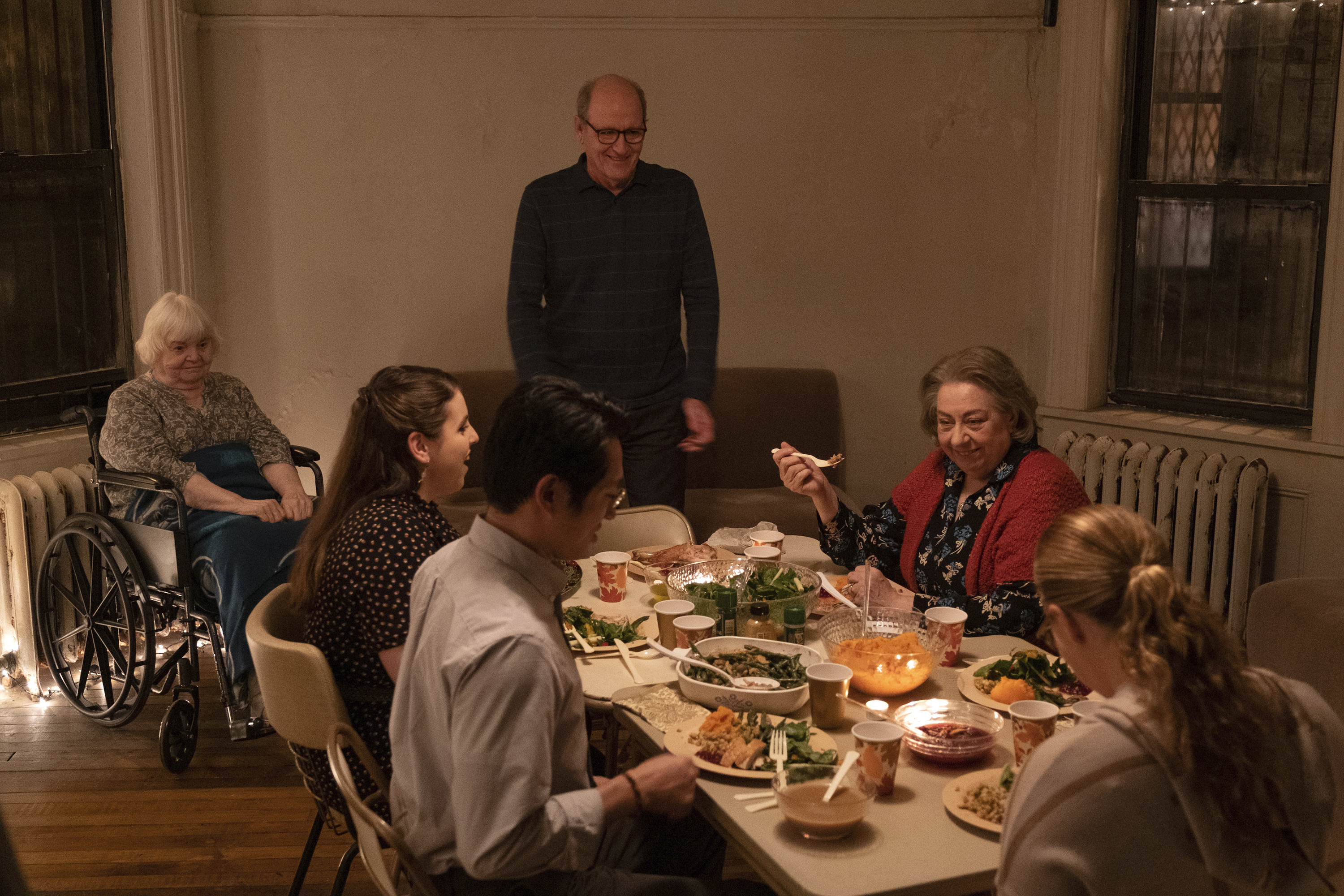 From left to right: June Squibb, Beanie Feldstein, Steven Yeun, Richard Jenkins, Jayne Houdyshell and Amy Schumer in "Humans."