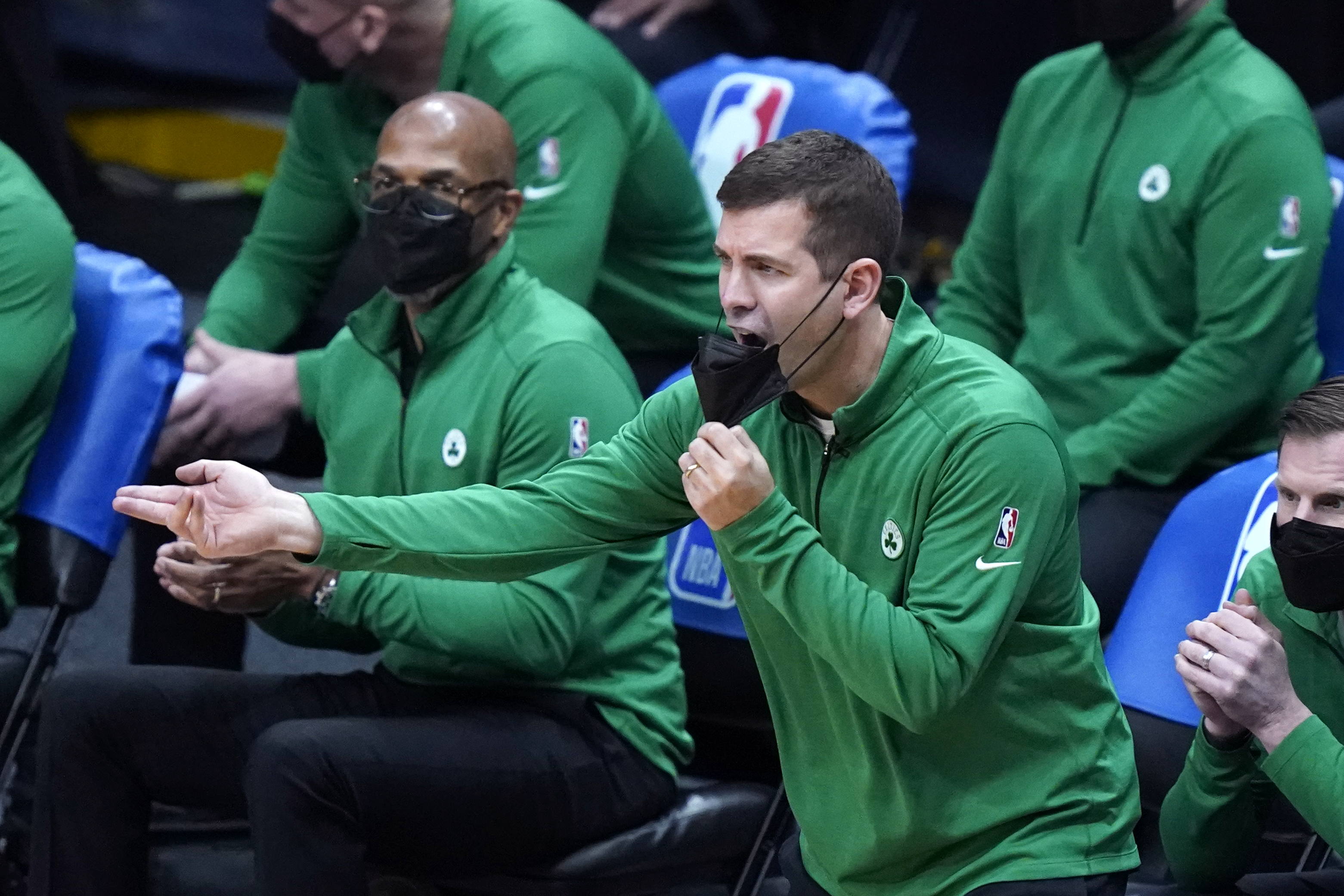 Brad Stevens calls from the bench during overtime of Sunday's game.