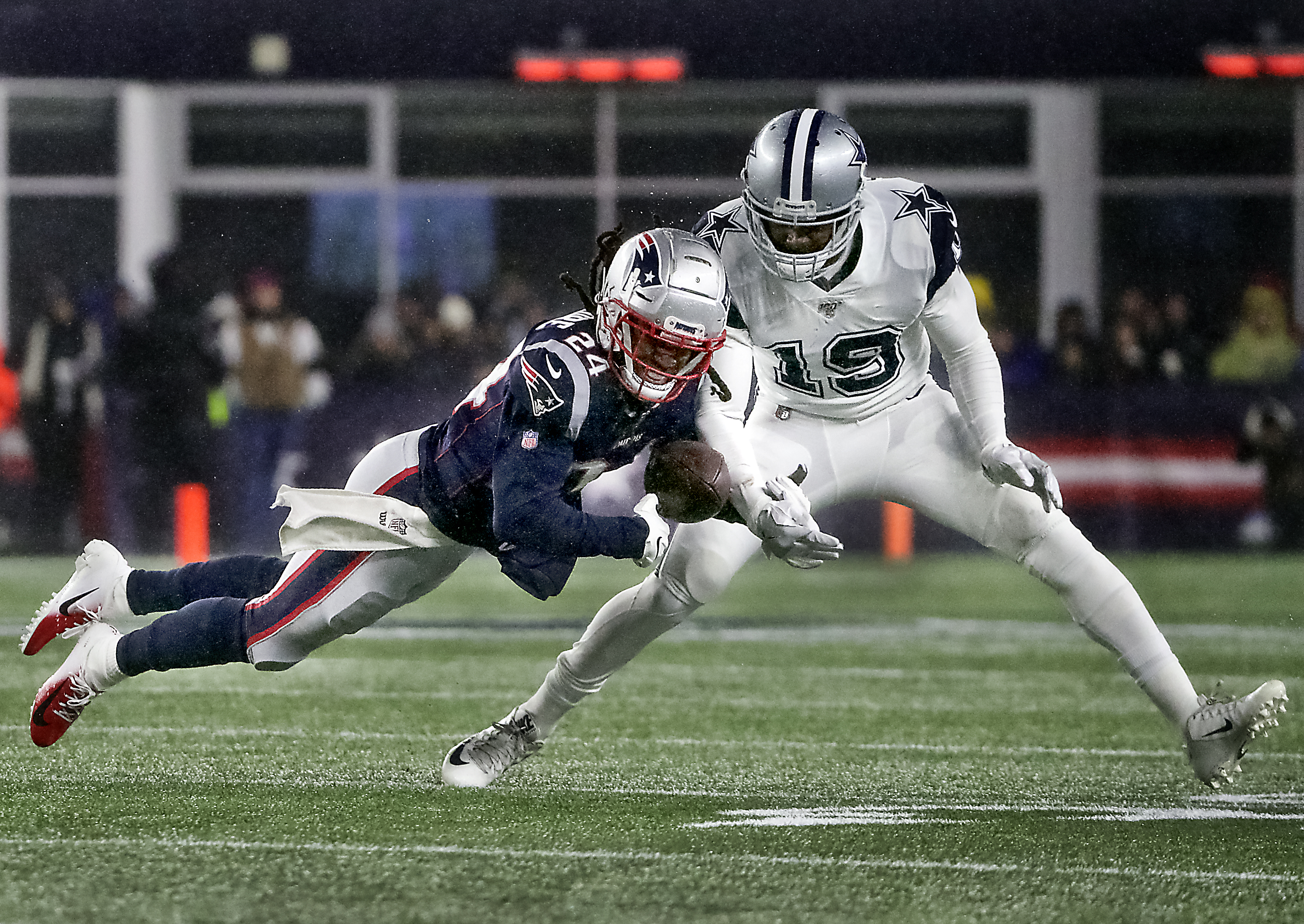 New England Patriots defensive back Stephon Gilmore intercepted a pass intended for Dallas Cowboys receiver Amari Cooper during second quarter action at Gillette Stadium on Nov. 24. The Patriots won 13-9.