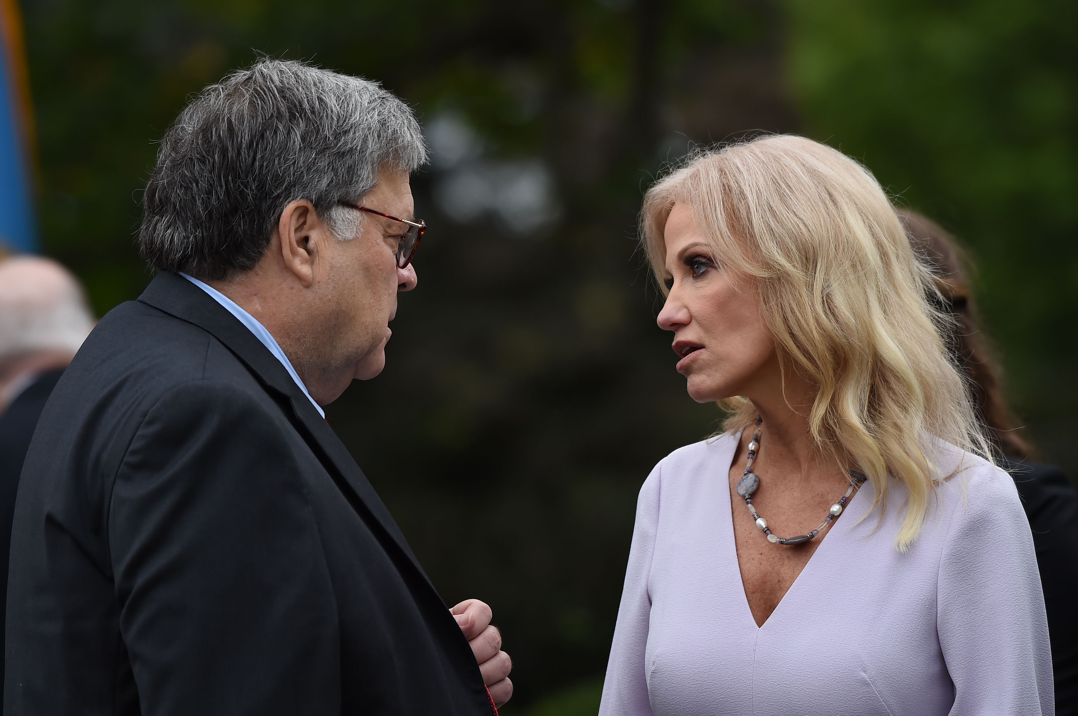 Attorney General William Barr spoke with Kellyanne Conway at the Rose Garden ceremony on Sept. 26.