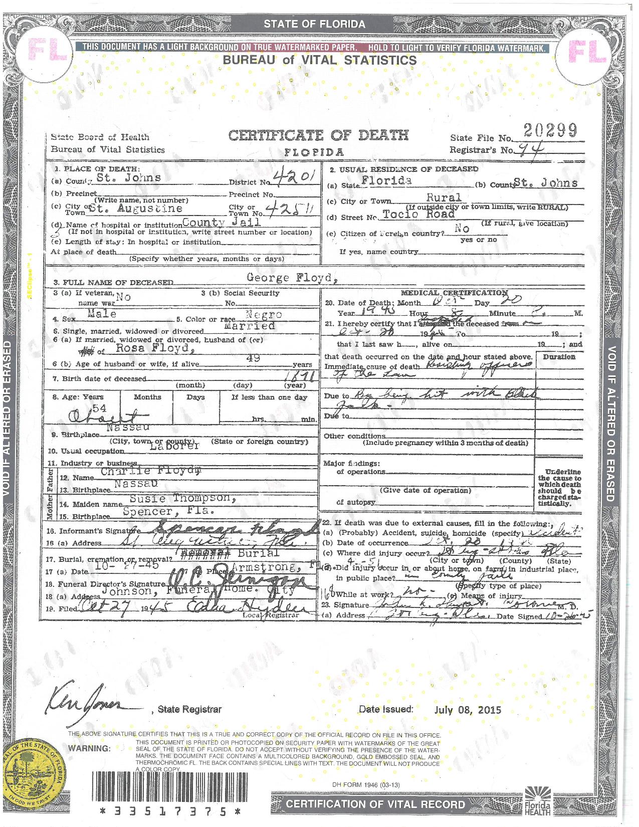 Death certificate for George Floyd.
