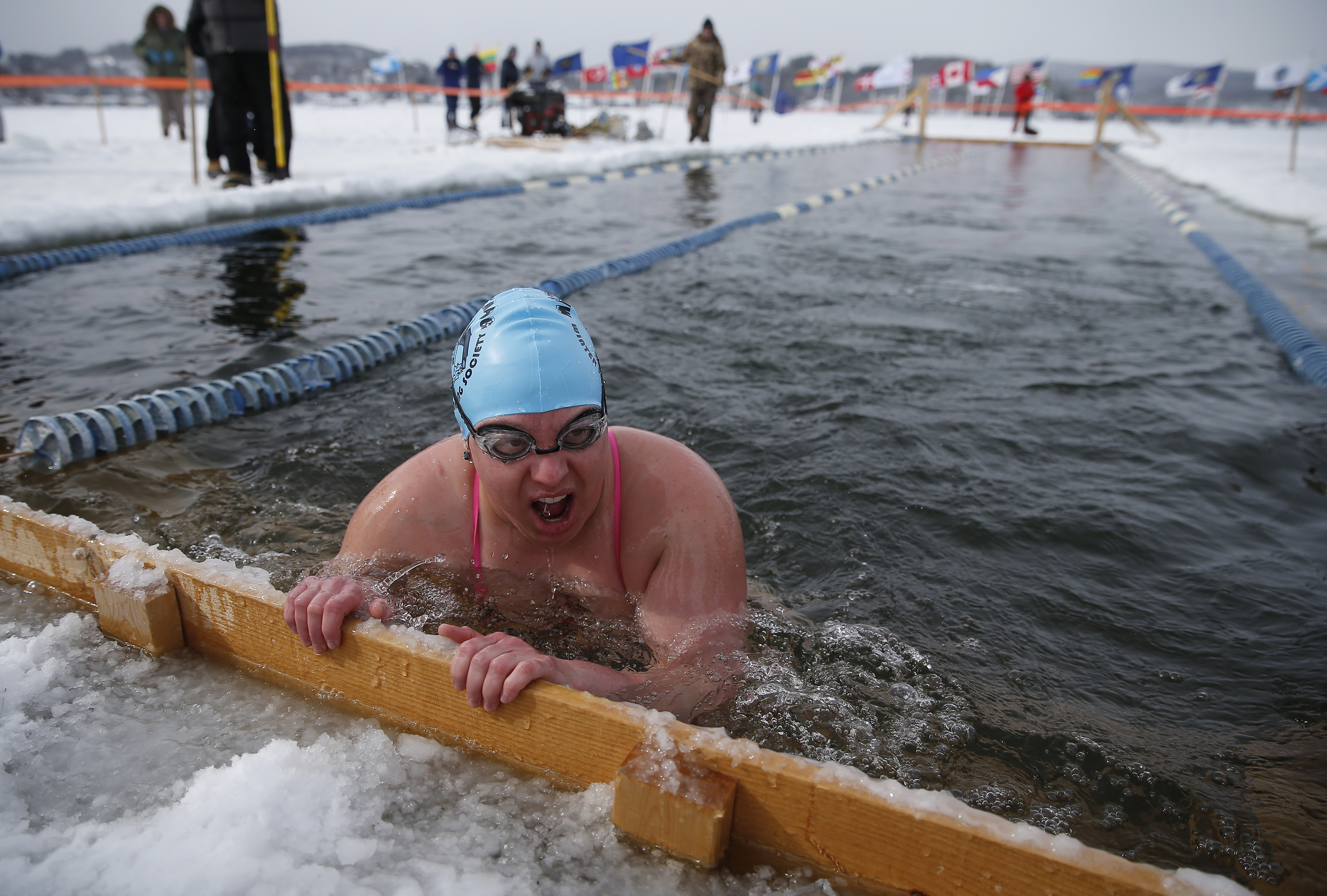 Sam Levinson of Allston, who swims with the L Street crew, finished the 200 meters at the Winter Swim Festival.