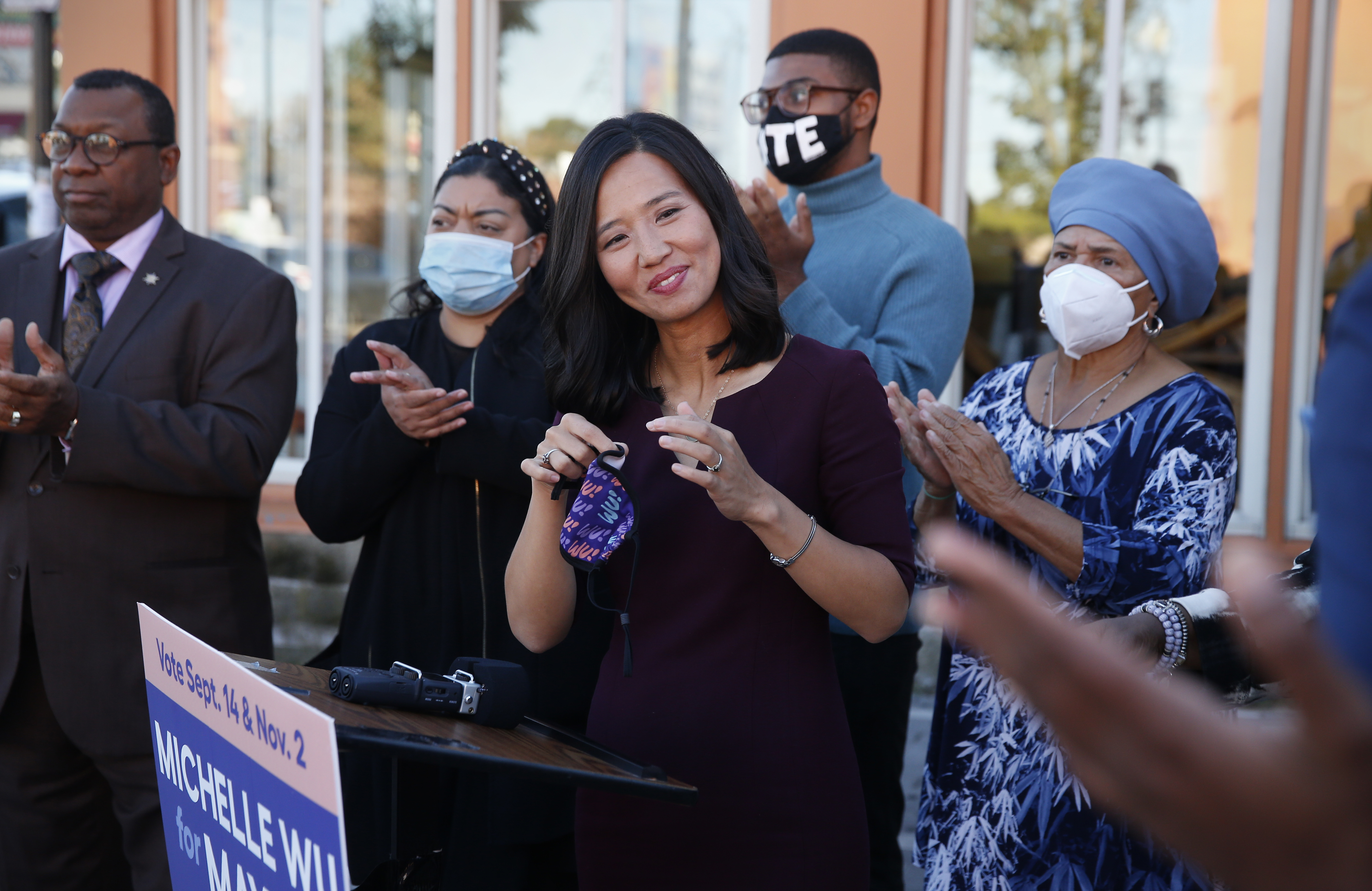 Boston mayoral candidate Michelle Wu was surrounded by supporters at a press conference in Grove Hall on Wednesday.