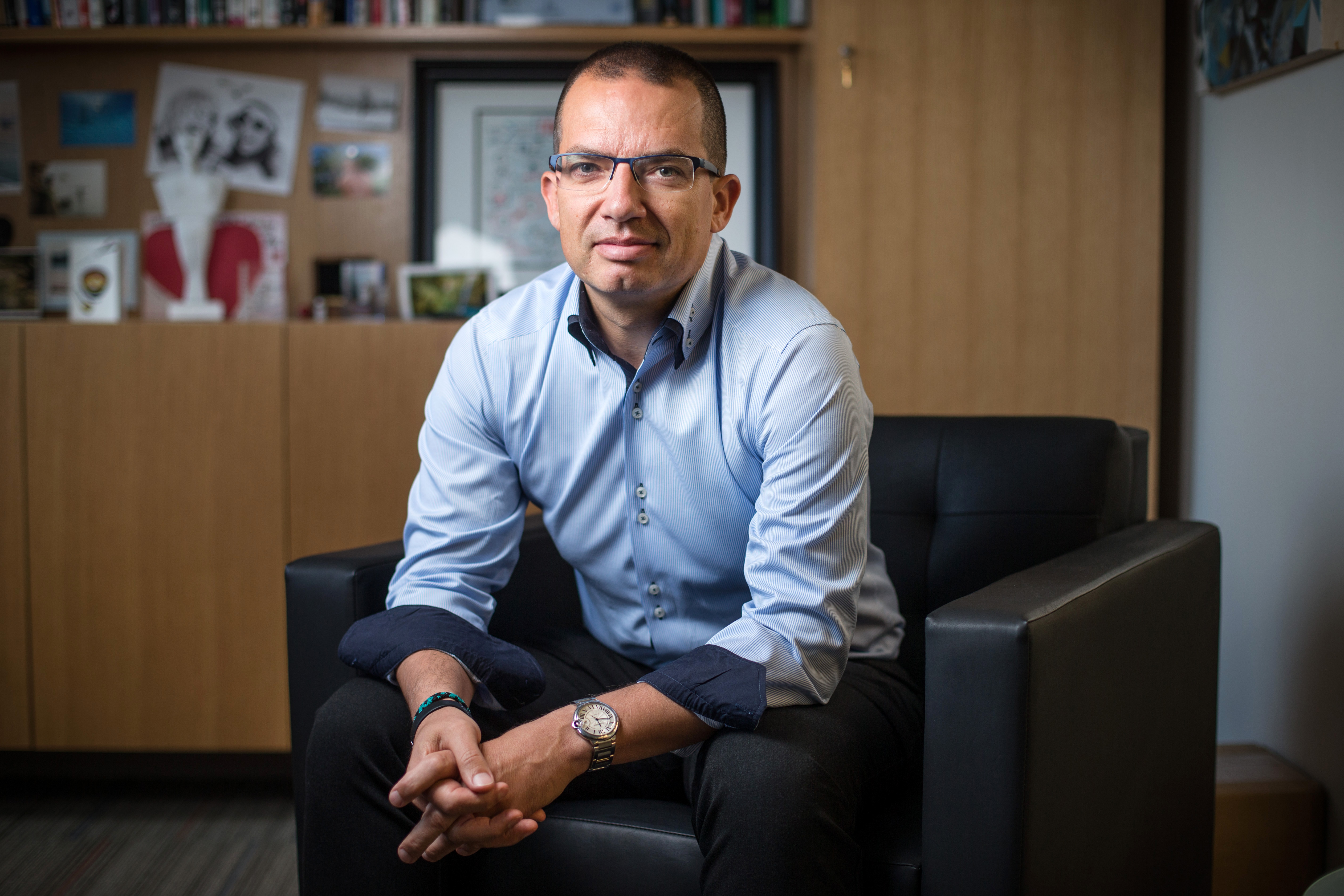 Moderna's CEO Stéphane Bancel in his Cambridge office.
