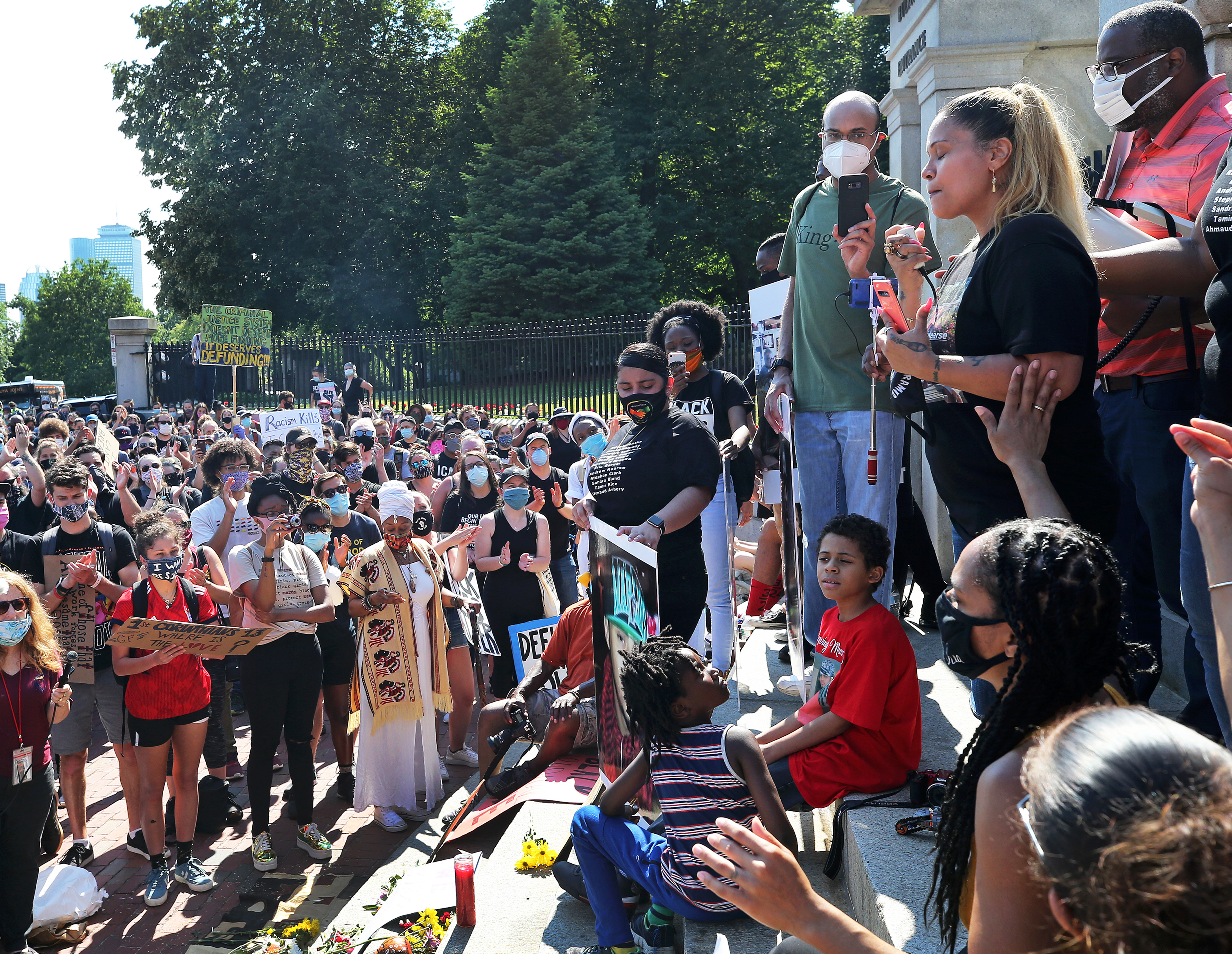 On the front steps of the State House, Angelique Negroni-Kearse, the wife of the late Andrew Kearse, was comforted by others as she got emotional while speaking to the crowd about her husband. Andrew Kearse died while he was under arrest in Schenectady, N.Y.