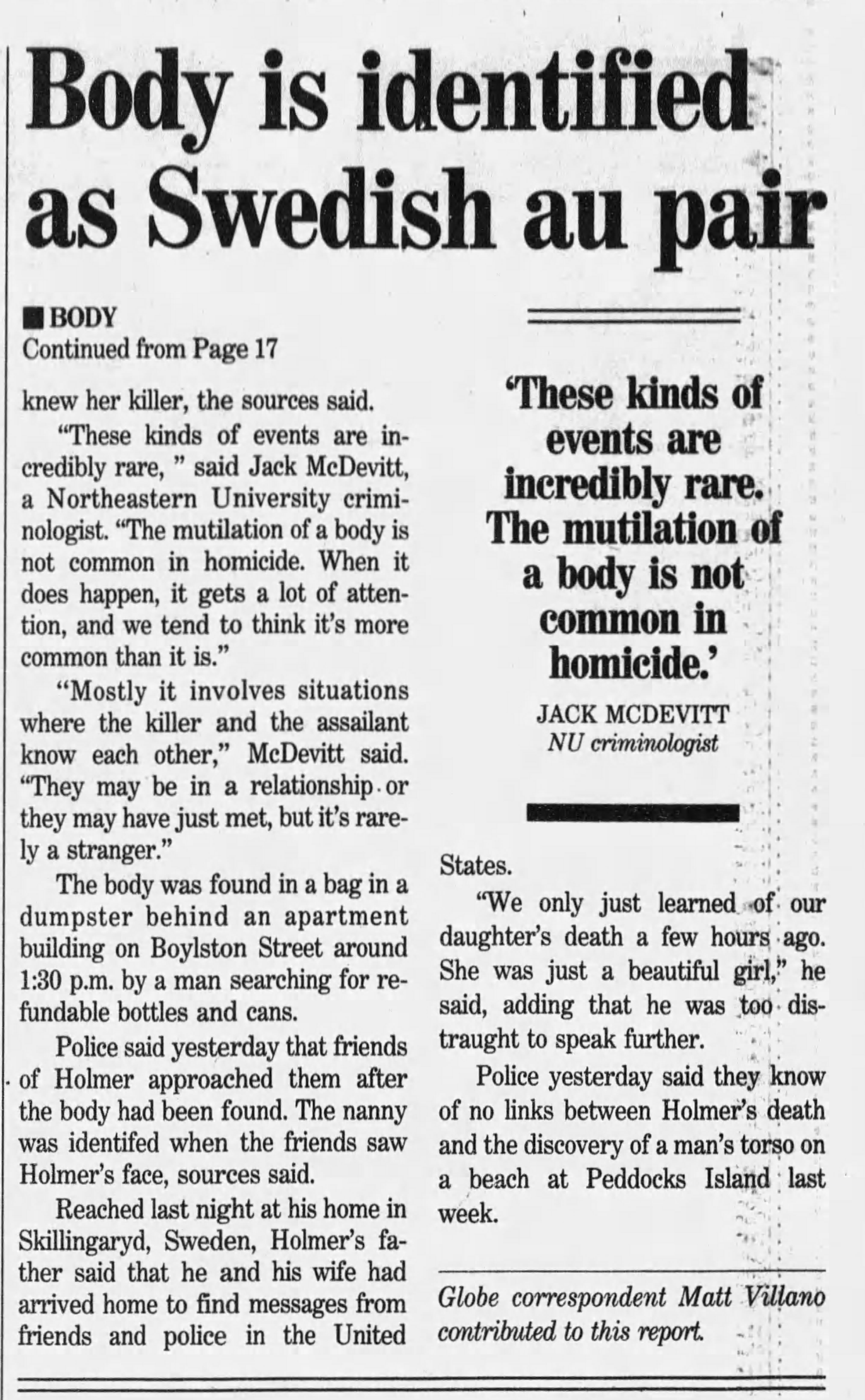 This story about Karina Holmer appeared in the Globe on June 25, 1996.