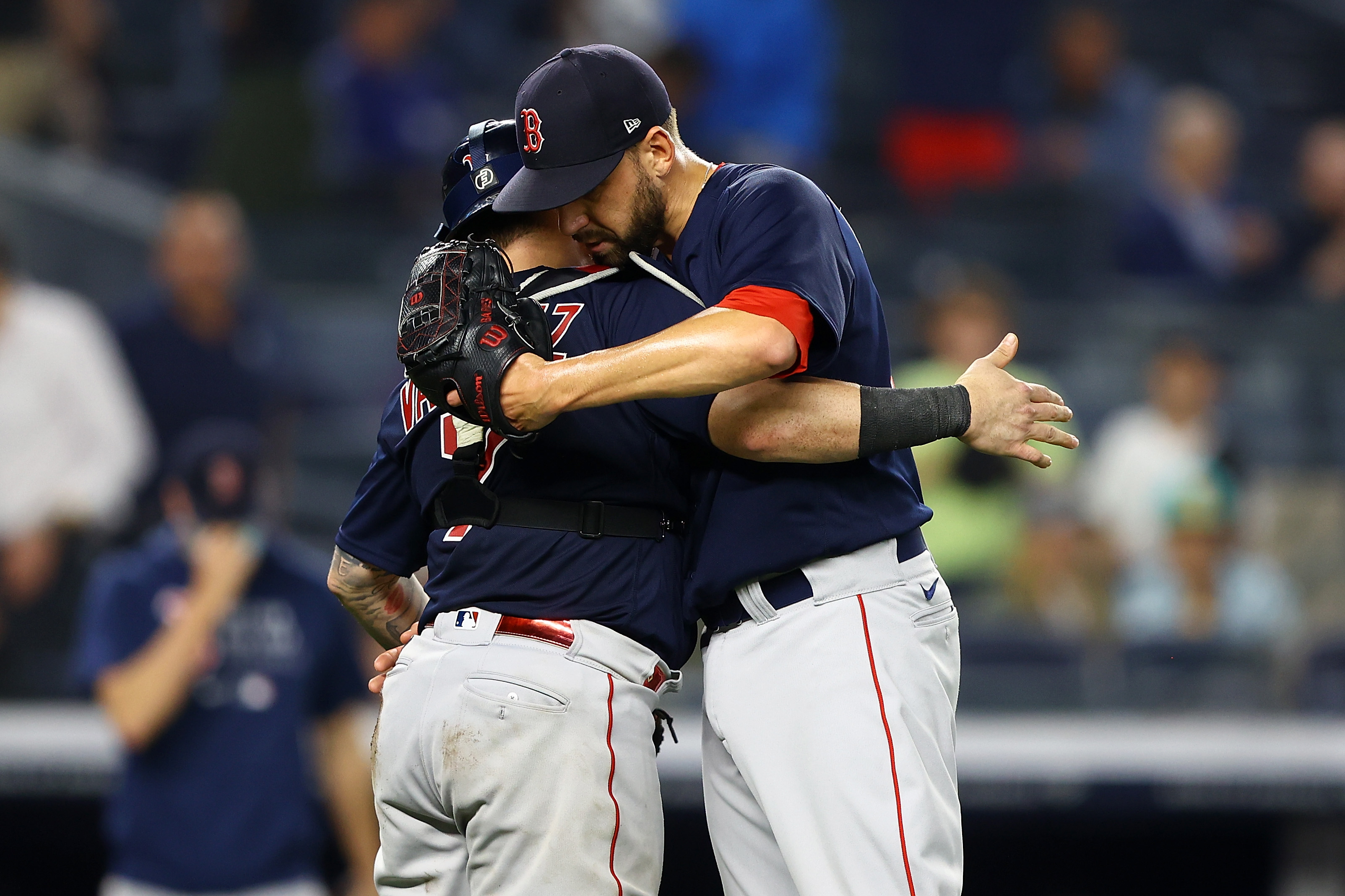 Boston Red Sox players, from left, Christian Vazquez, Xander Bogaerts, Matt  Barnes, Marwin Gonzalez and Rafael Devers celebrate after defeating the New  York Yankees during a baseball game, Friday, June 25, 2021