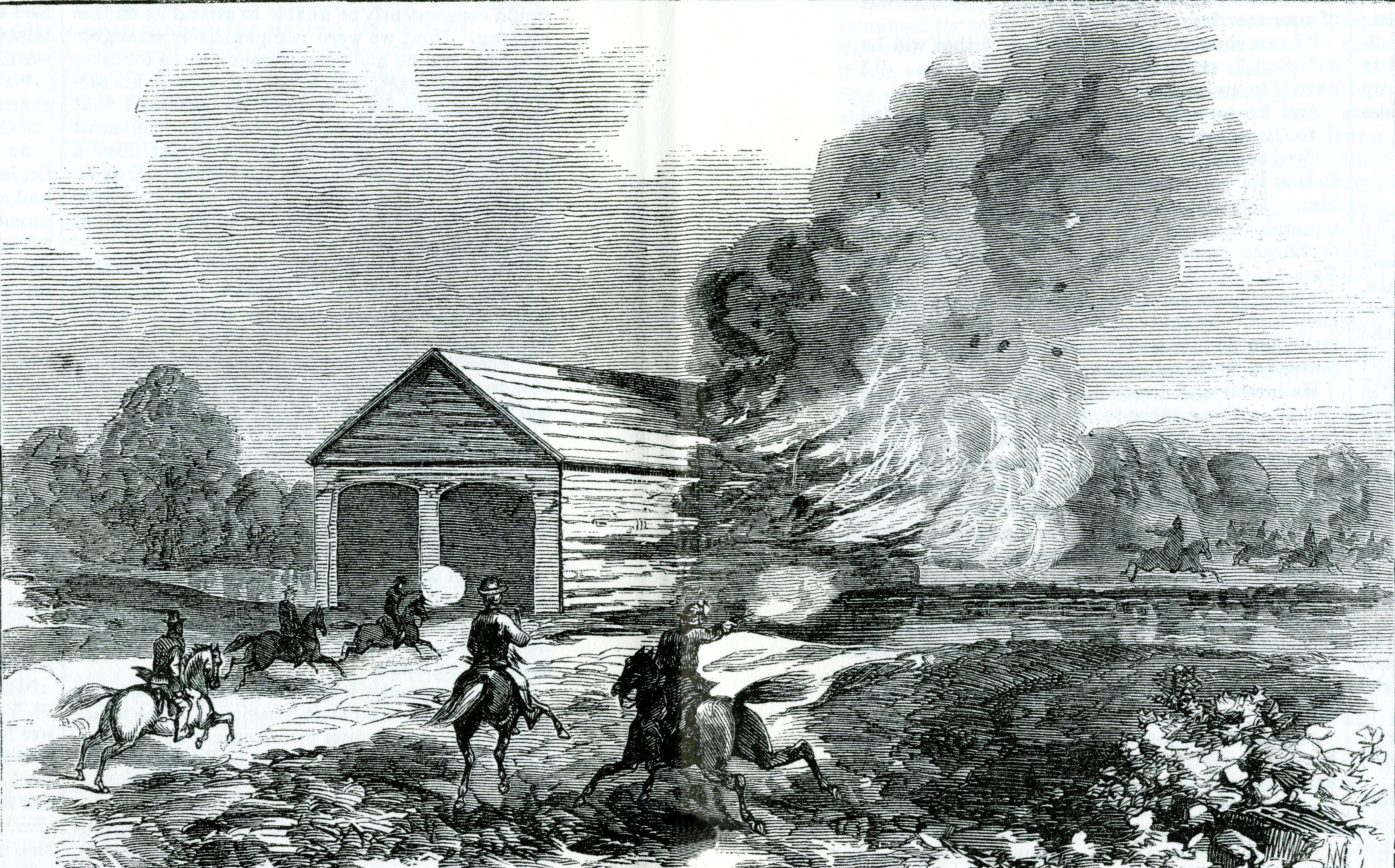 An old editorial illustration depicts the Confederate raiders carrying out their plans in St. Albans, they had -- in the back of their minds – an escape plan. It included a dash over the bridge at Sheldon Creek. They were pursued by 50 men led by Capt. George Conger, who had served in the 1st Vermont Calvary Regiment during the Civil War. The raiders doused the bridge with Greek Fire, but the combustible mixture did not fully do its job. The raiders split into two parties after leaving Sheldon. Fourteen of them made their way to Quebec and were caught. A majority of them later escaped with five facing trial to determine whether they were common criminals or combatants that were exempt from extradition, as Canada, then comprised of six British colonies, was neutral in the war.
CREDIT: VERMONT HISTORICAL SOCIETY (these images originally appeared in Frank Leslie's magazine)