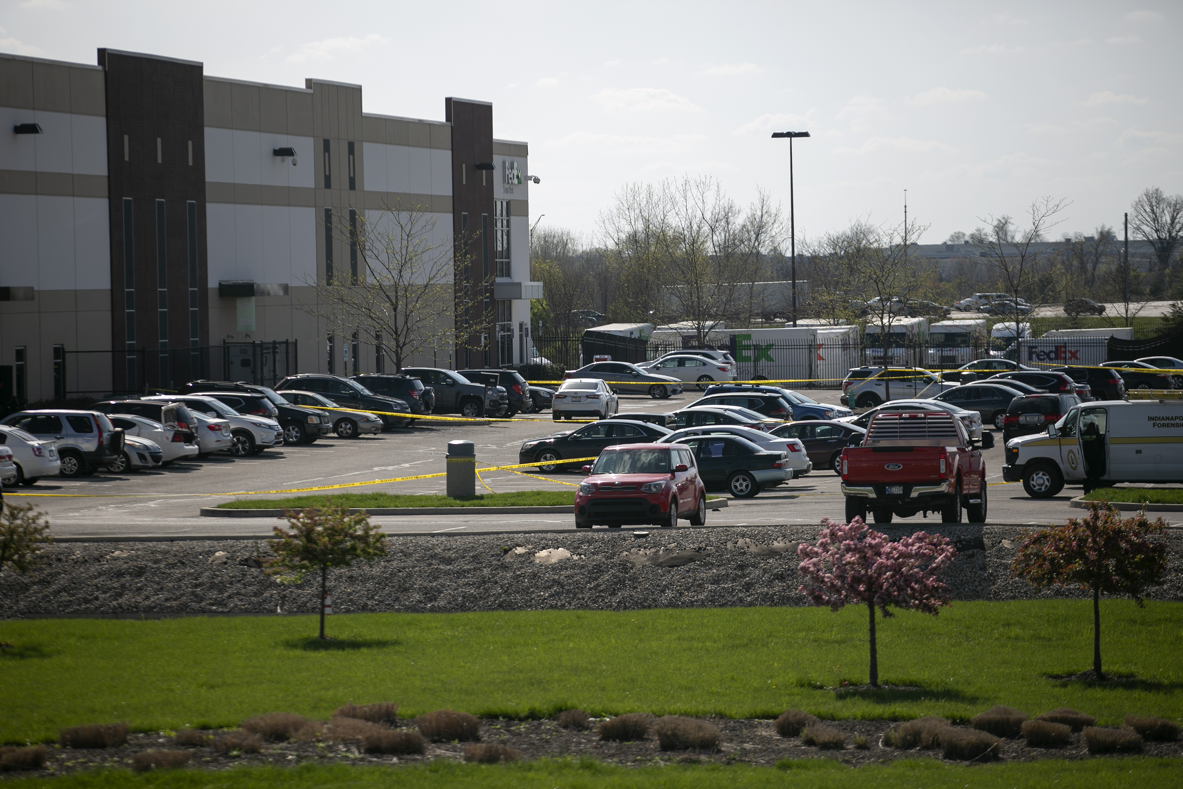 The FedEx facility where eight people died and at least seven more were wounded in a mass shooting carried out by a former worker, in Indianapolis, April 16, 2021.
