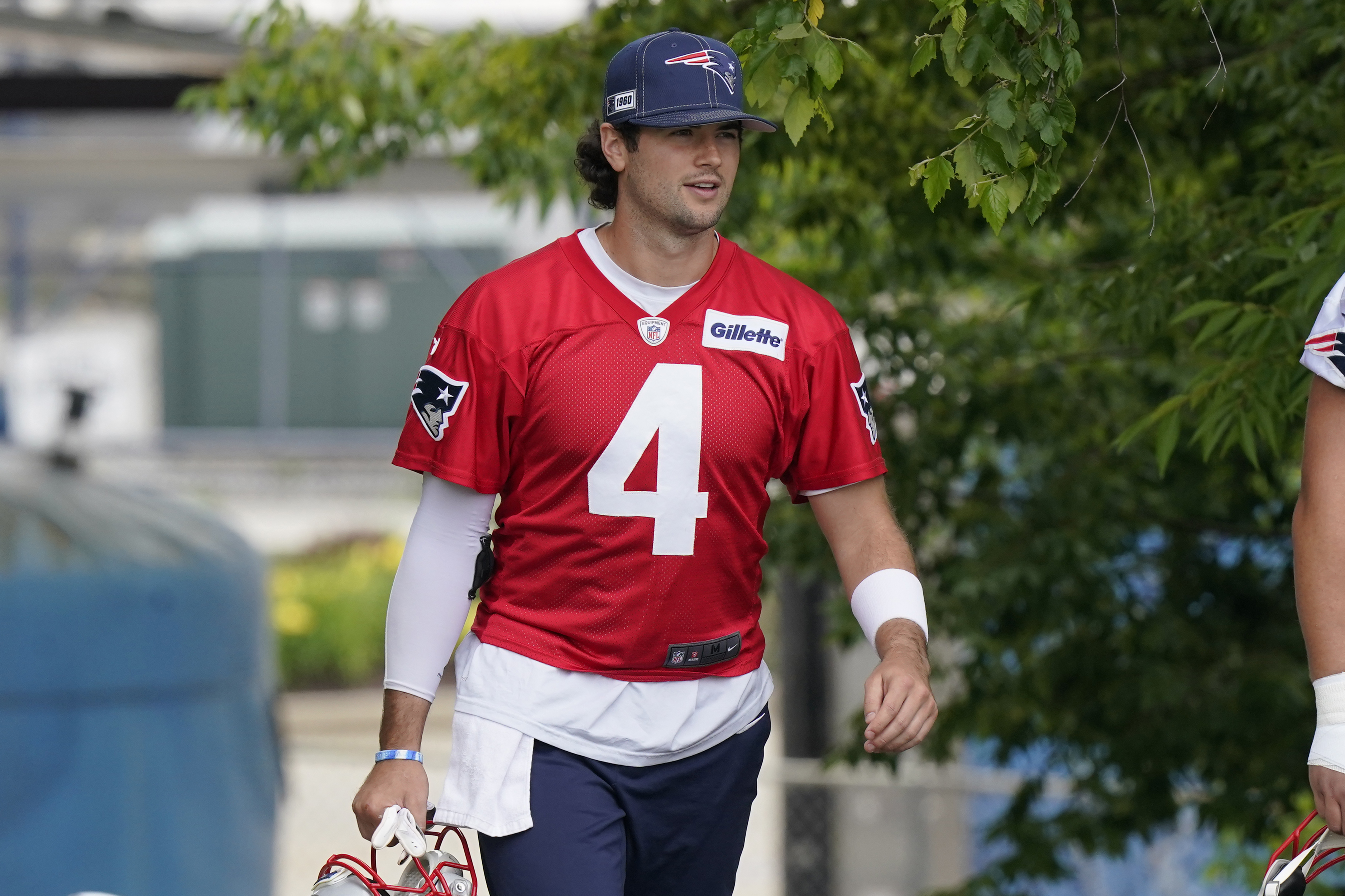 Jarrett Stidham his the top step of the stairs on the way to the practice field Tuesday.