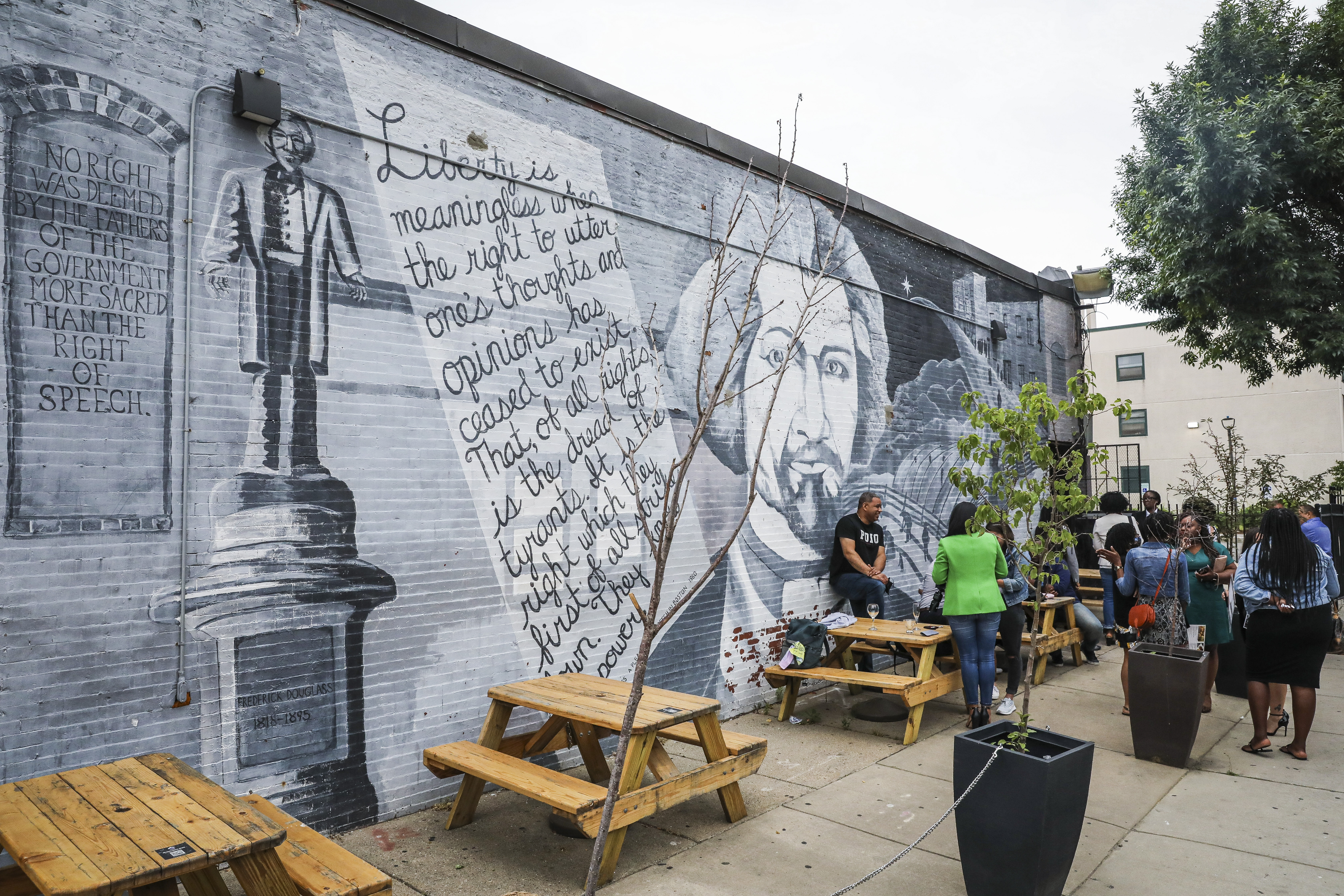 People enjoy the patio at Slade's.