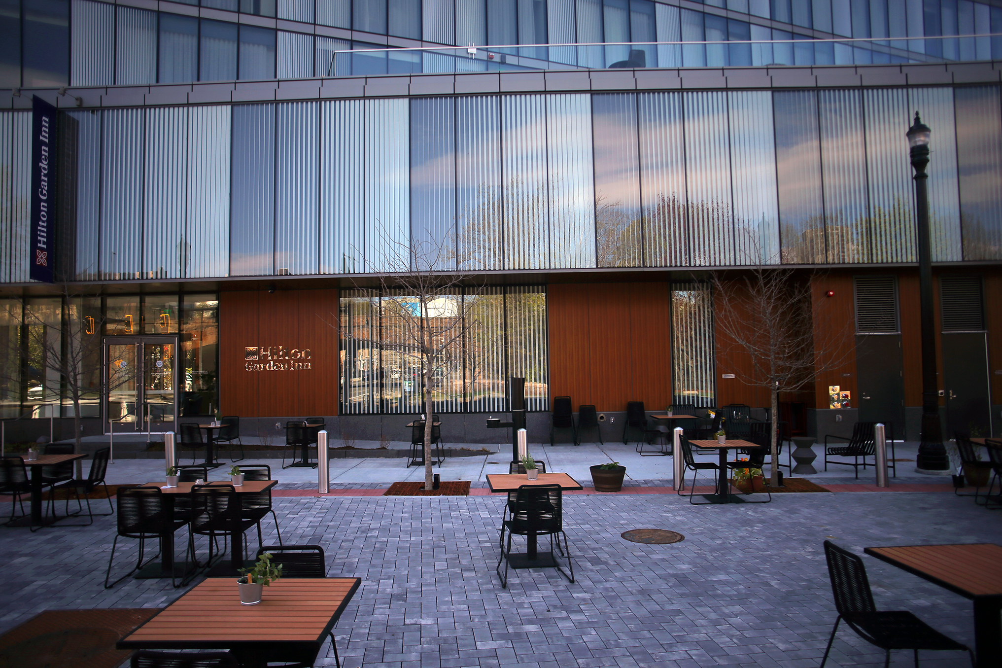 The patio at the Punch Bowl restaurant in the new Hilton Garden Inn in Brookline Village.