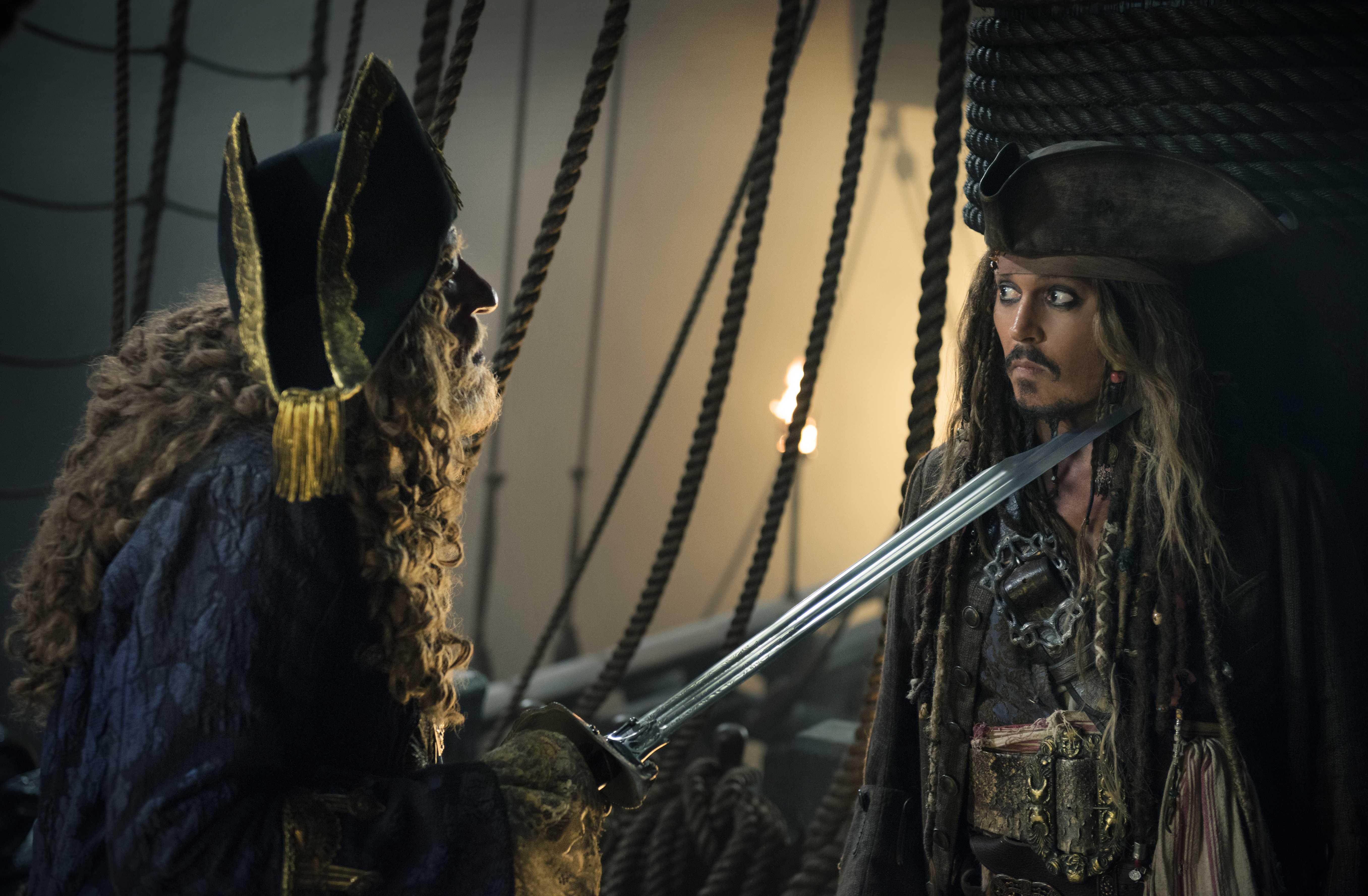 Geoffrey Rush, left, and Johnny Depp in "Pirates of the Caribbean: Dead Men Tell No Tales." 