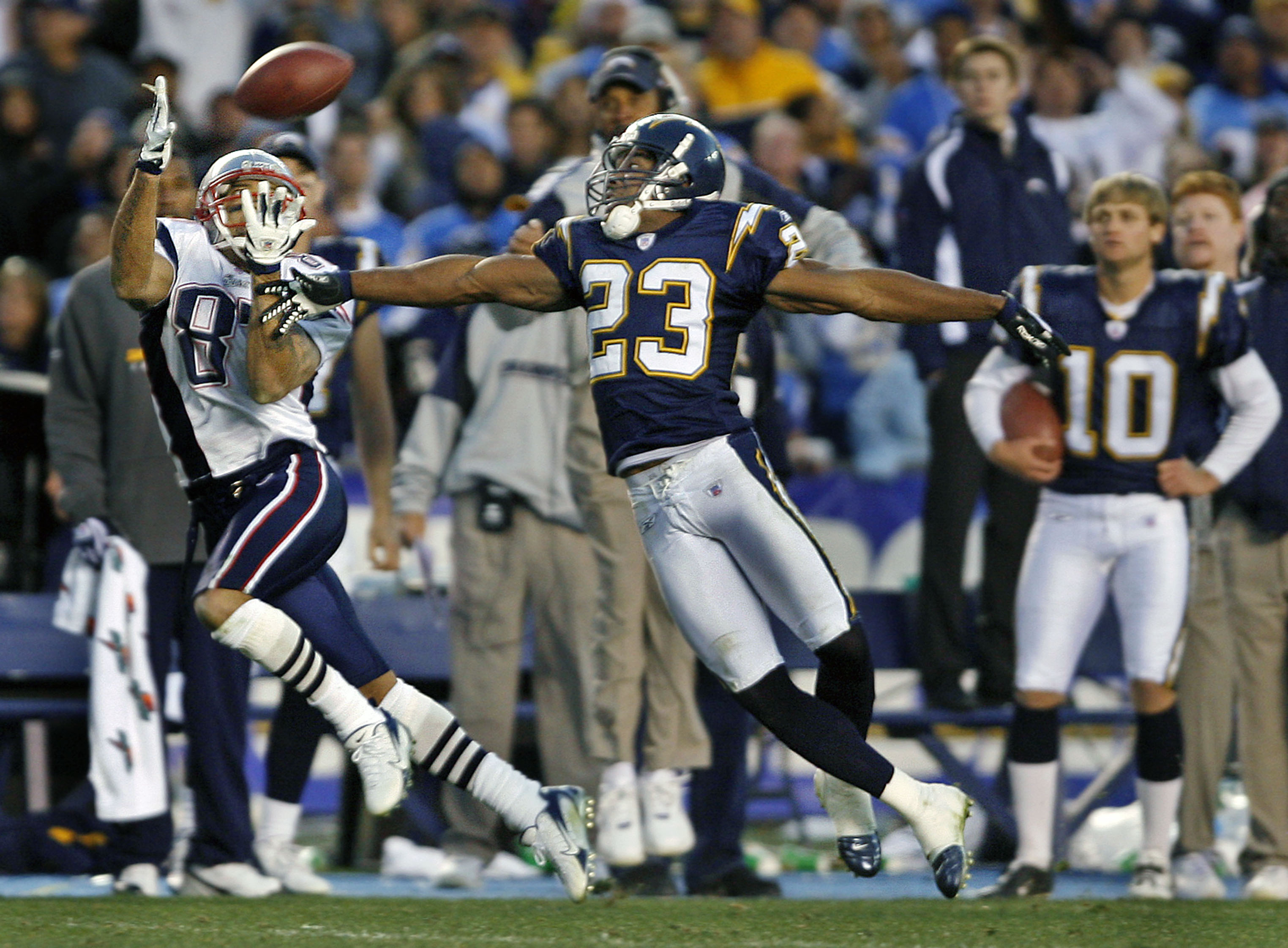 Reche Caldwell hauls in a pass during a playoff win over the Chargers in January 2007.
