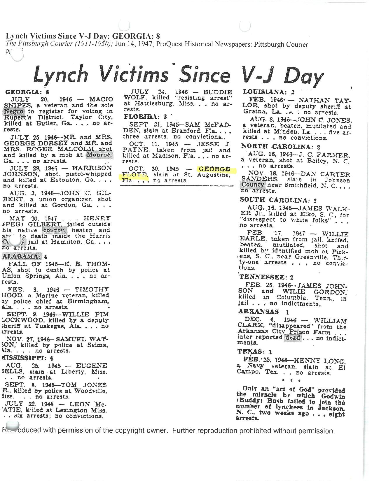 An article in the Pittsburgh Courier from June 14, 1947 detailing the number of lynchings in the US since Victory over Japan Day (August 15, 1945).