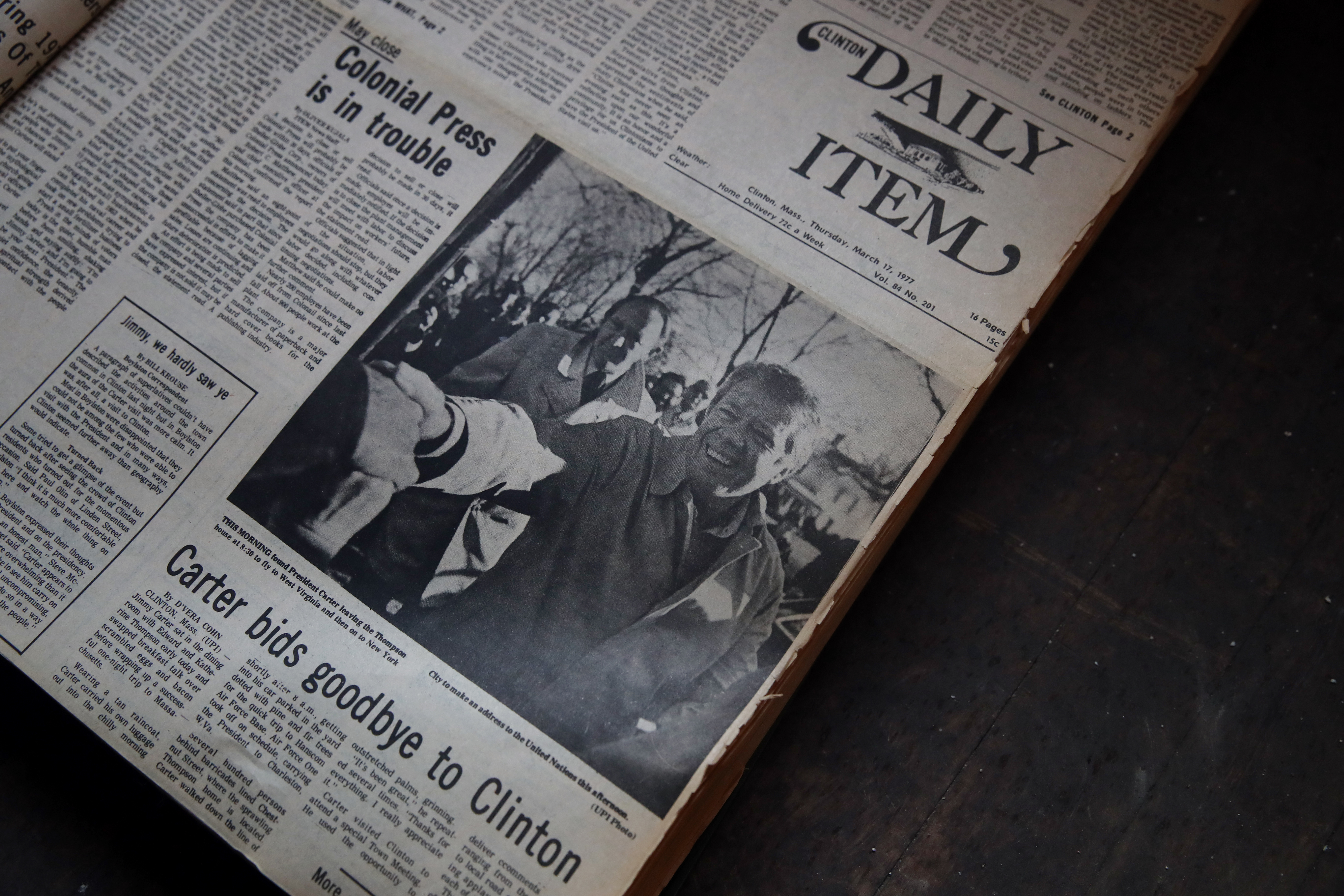 A edition of the Clinton Daily Item featured stories on a visit from President Jimmy Carter and trouble at the Colonial Press in the archives at the Clinton Daily Item in Clinton.
