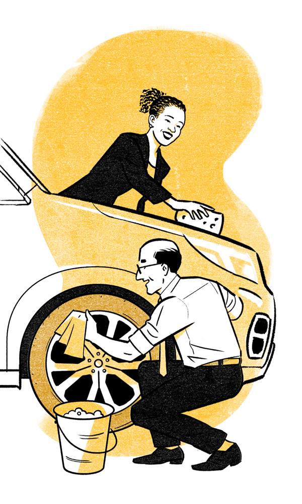 Illustration of two managers washing someone's car.