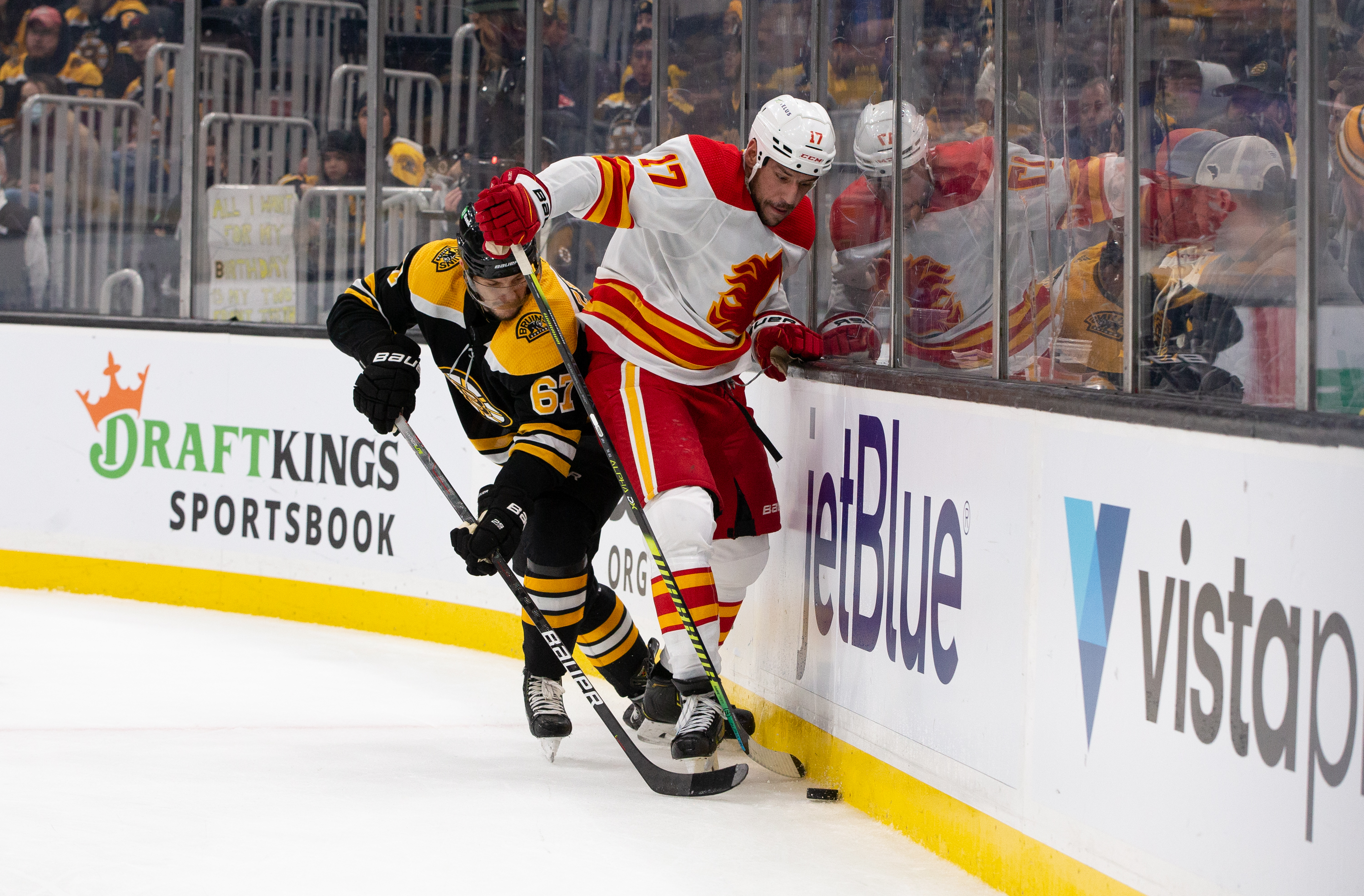 Jakub Zboril fights for position with Calgary's Milan Lucic during a recent game at TD Garden.
