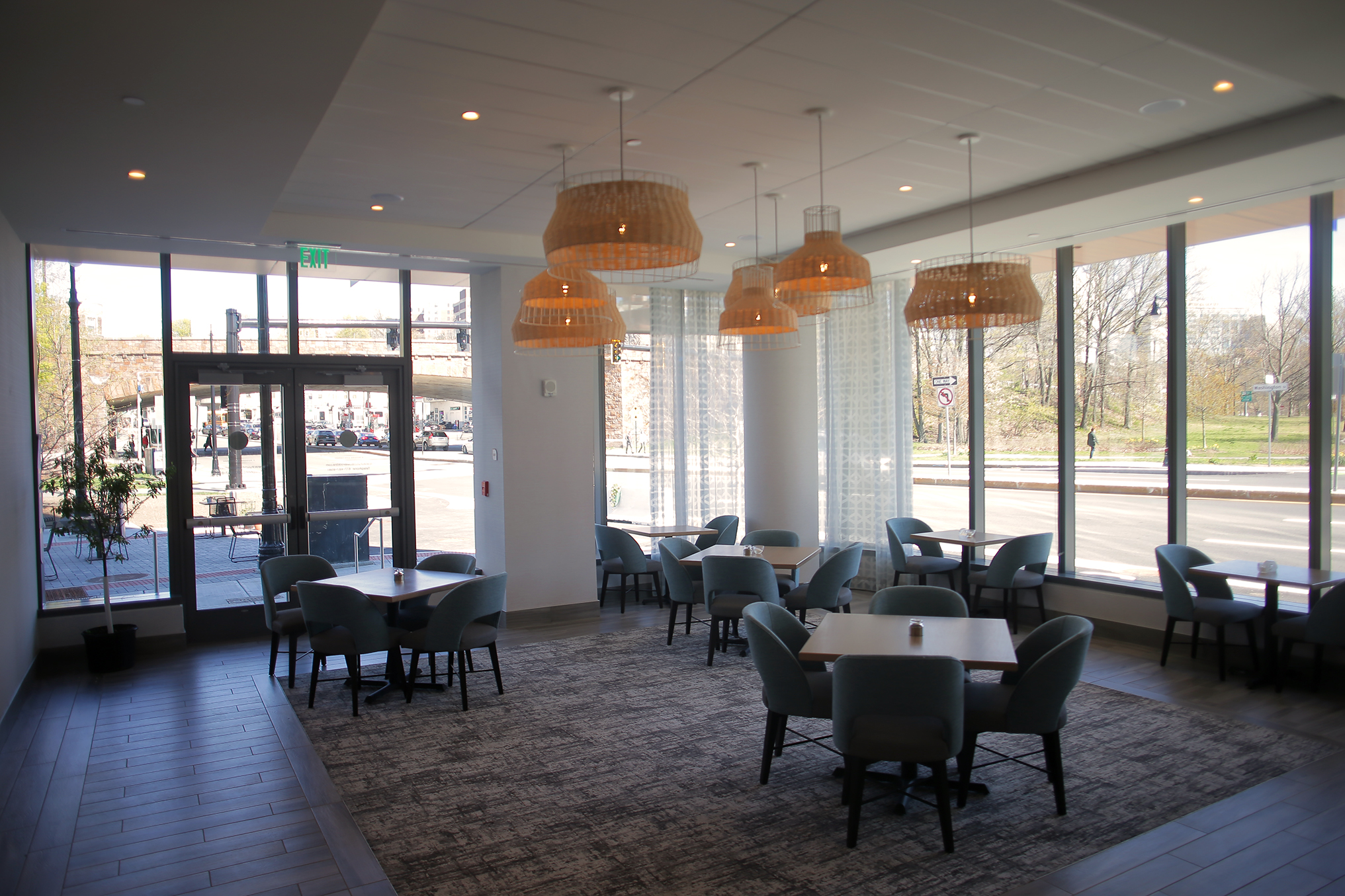 The dining room at the Punch Bowl restaurant in the new Hilton Garden Inn in Brookline Village.