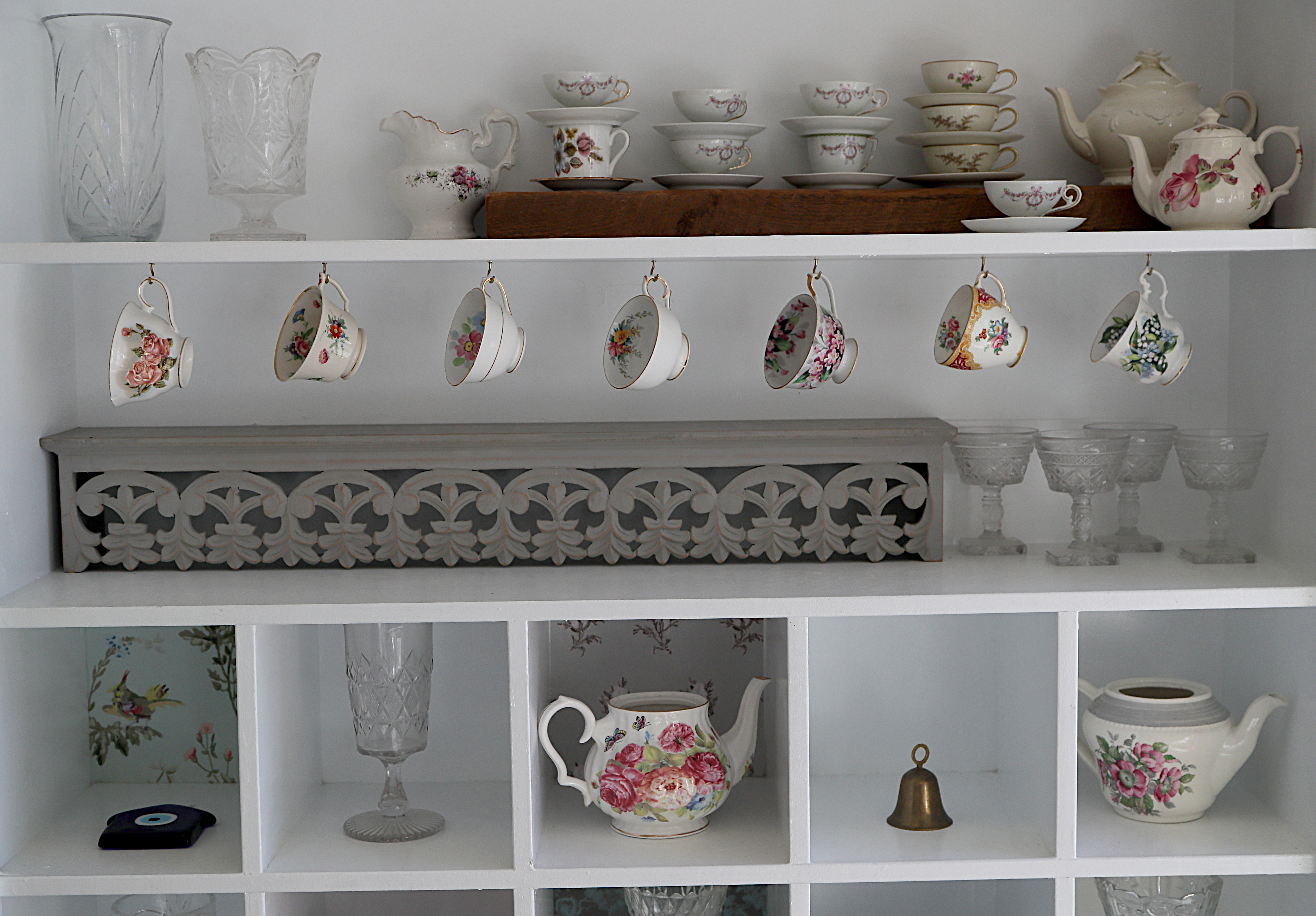 Teacups and pots at Vintage Tea and Cake in Belmont.