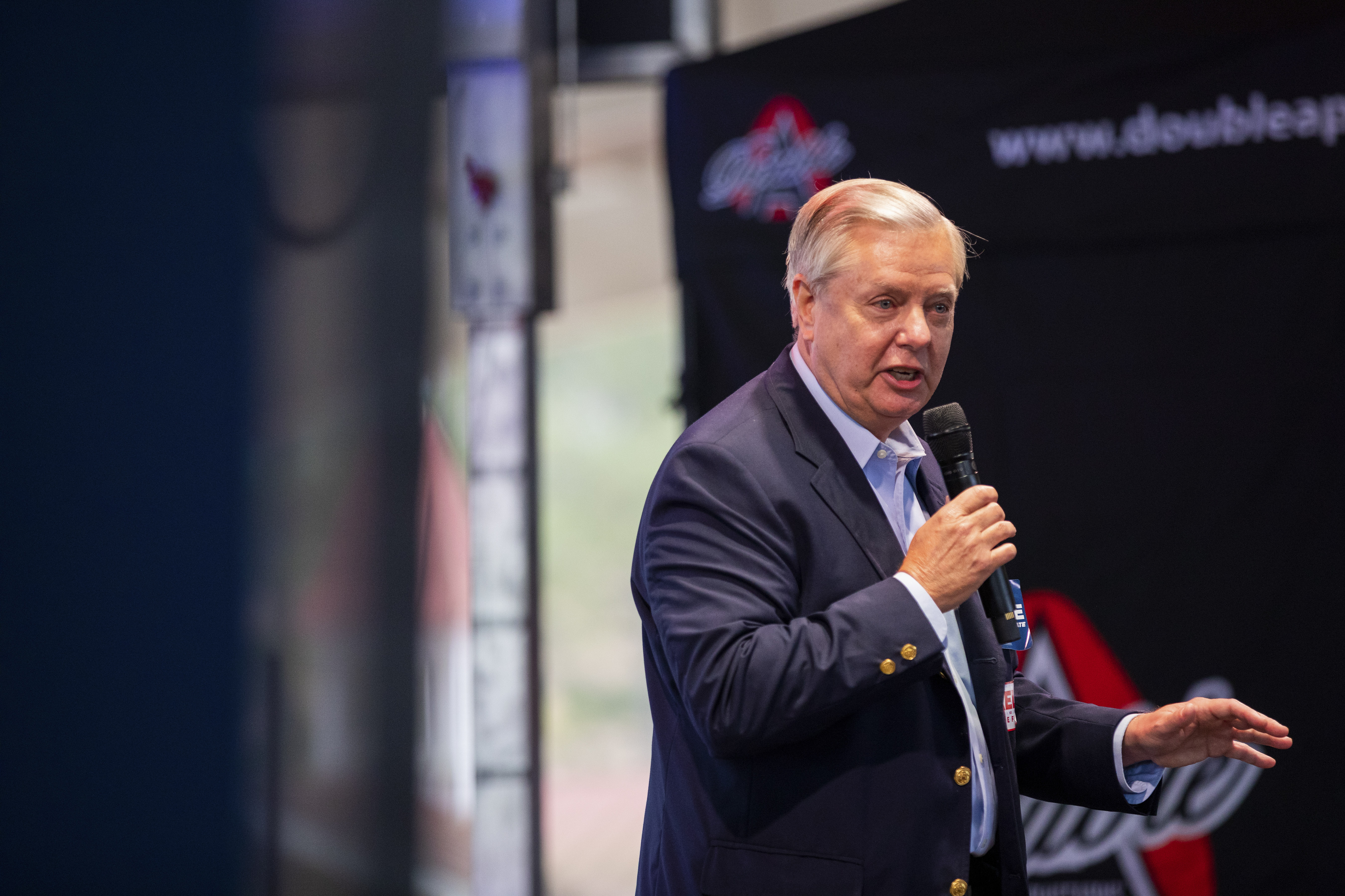 Senator Lindsey Graham (R-S.C.) spoke at a concert and campaign rally for Senator Kelly Loeffler (R-Ga.) and Senator David Perdue (R-Ga.) at an agricultural arena in Gainesville, Ga., Thursday, Dec. 31, 2020.