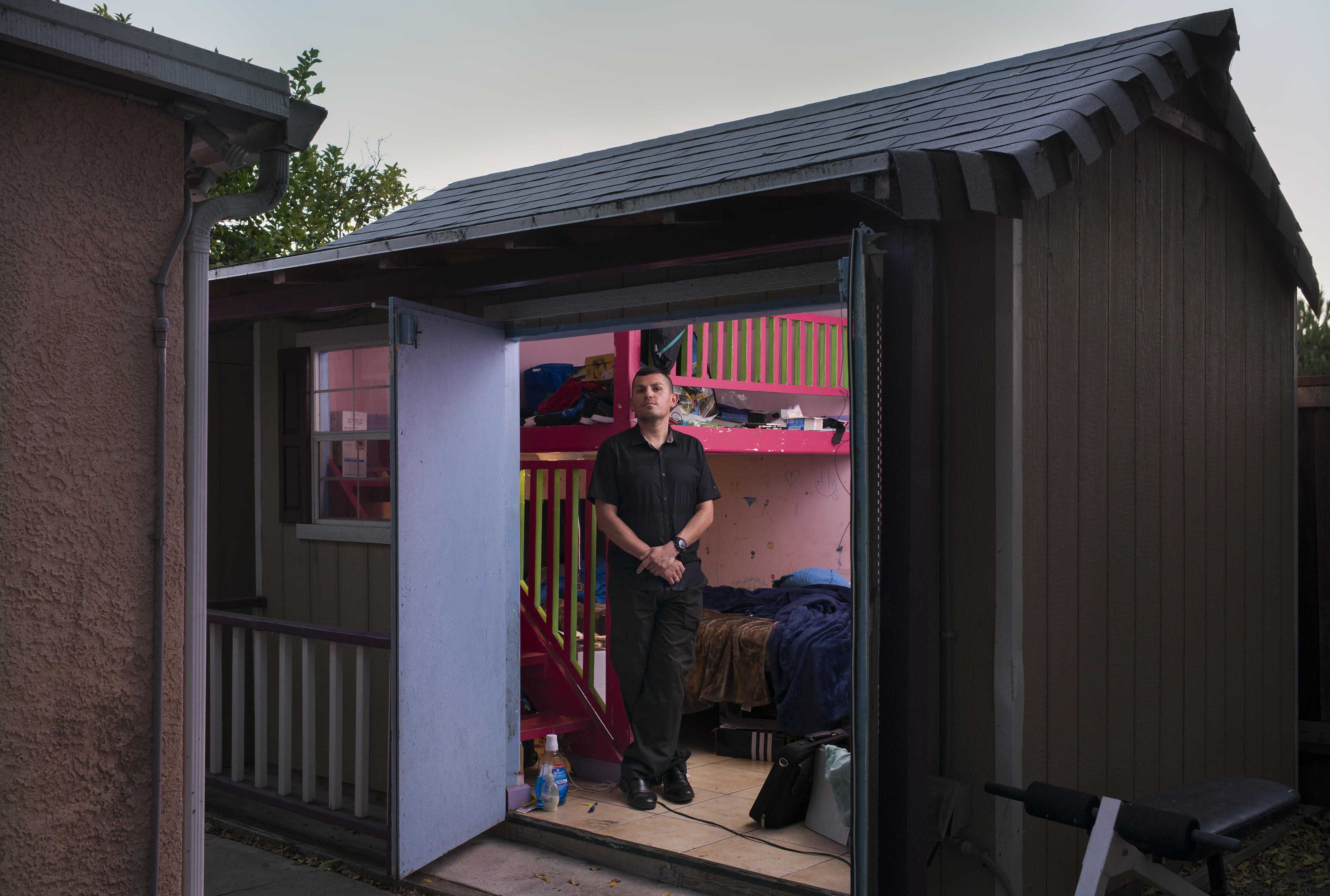 Cristobal works full-time as a security guard at Facebook, but his pay forces him to live in a rented repurposed shed, in a back yard in Mountain View, Calif.