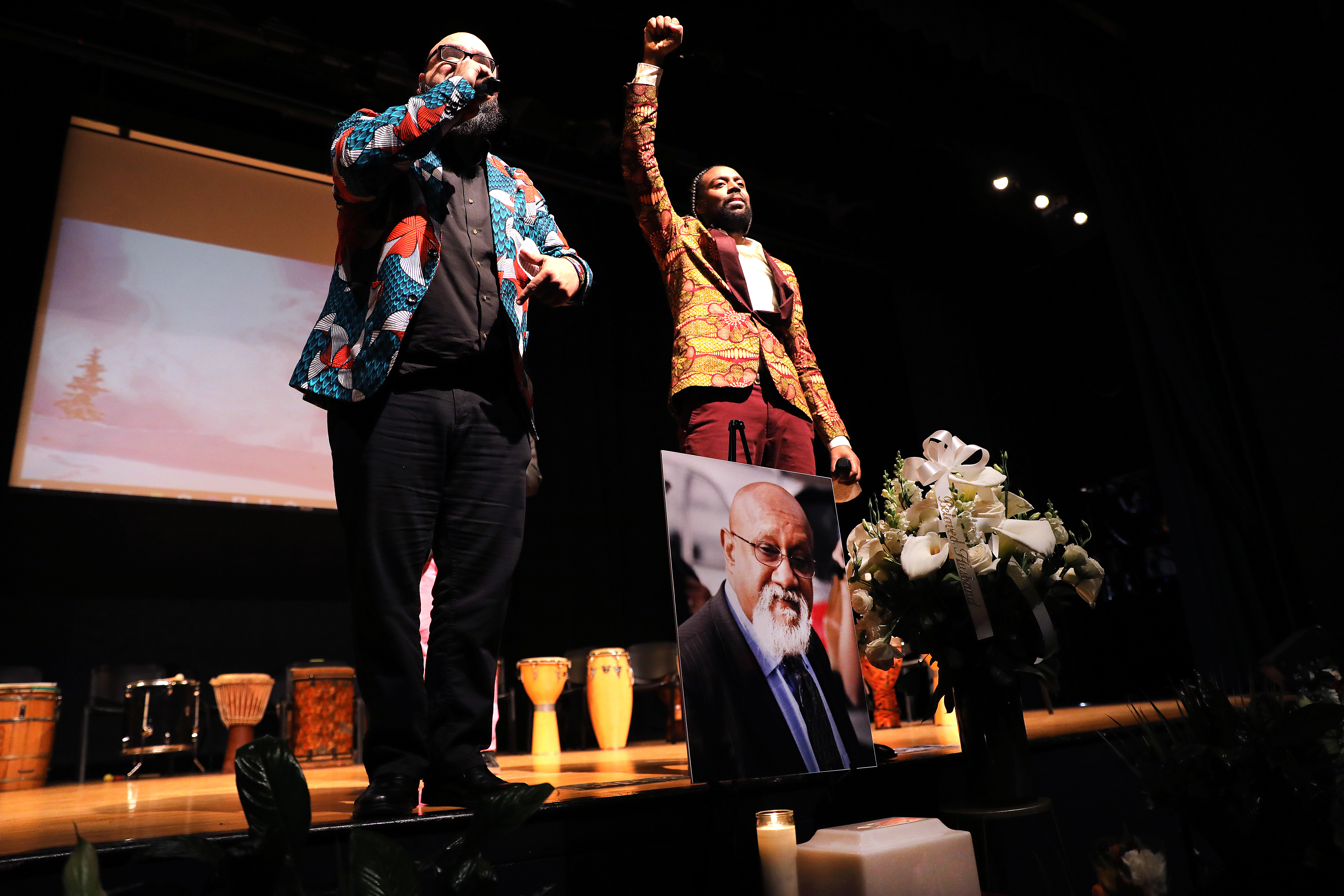 Two of the three-member “Foundation Movement” finished an original rap performance on stage during a celebration of life for Chuck Turner at Roxbury Community College on January 9.