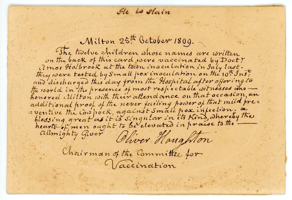 A card documenting the inoculation of 12 children in Milton in 1809.
