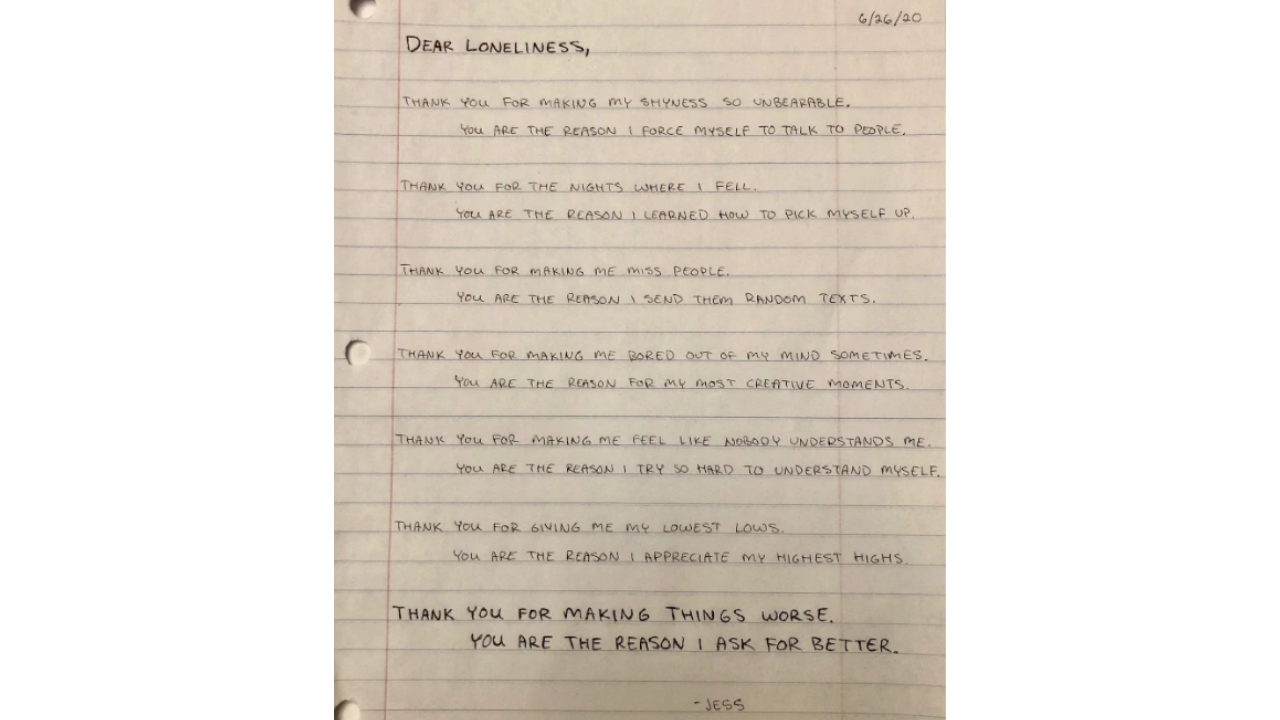 A letter sent to the Dear Loneliness project from Jessica, 20, of Colorado Springs.