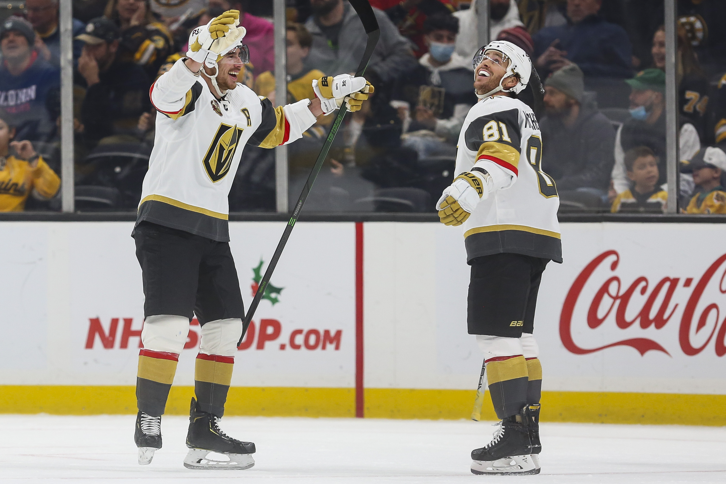 Vegas' Jonathan Marchessault and Reilly Smith celebrate after a first-period goal against the Bruins Tuesday night at TD Garden.