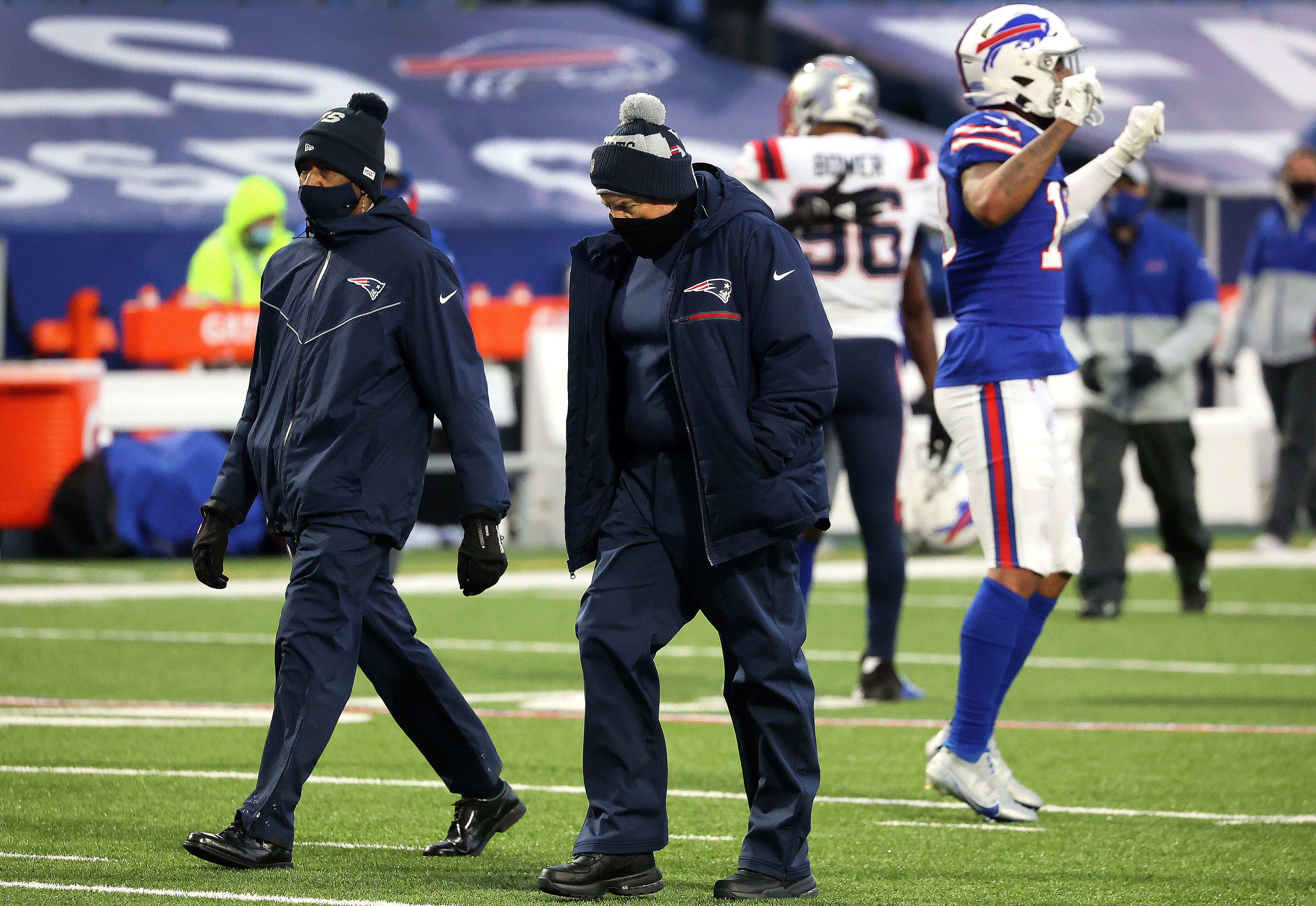 Bill Belichick walks off the field after Sunday's loss in Buffalo.
