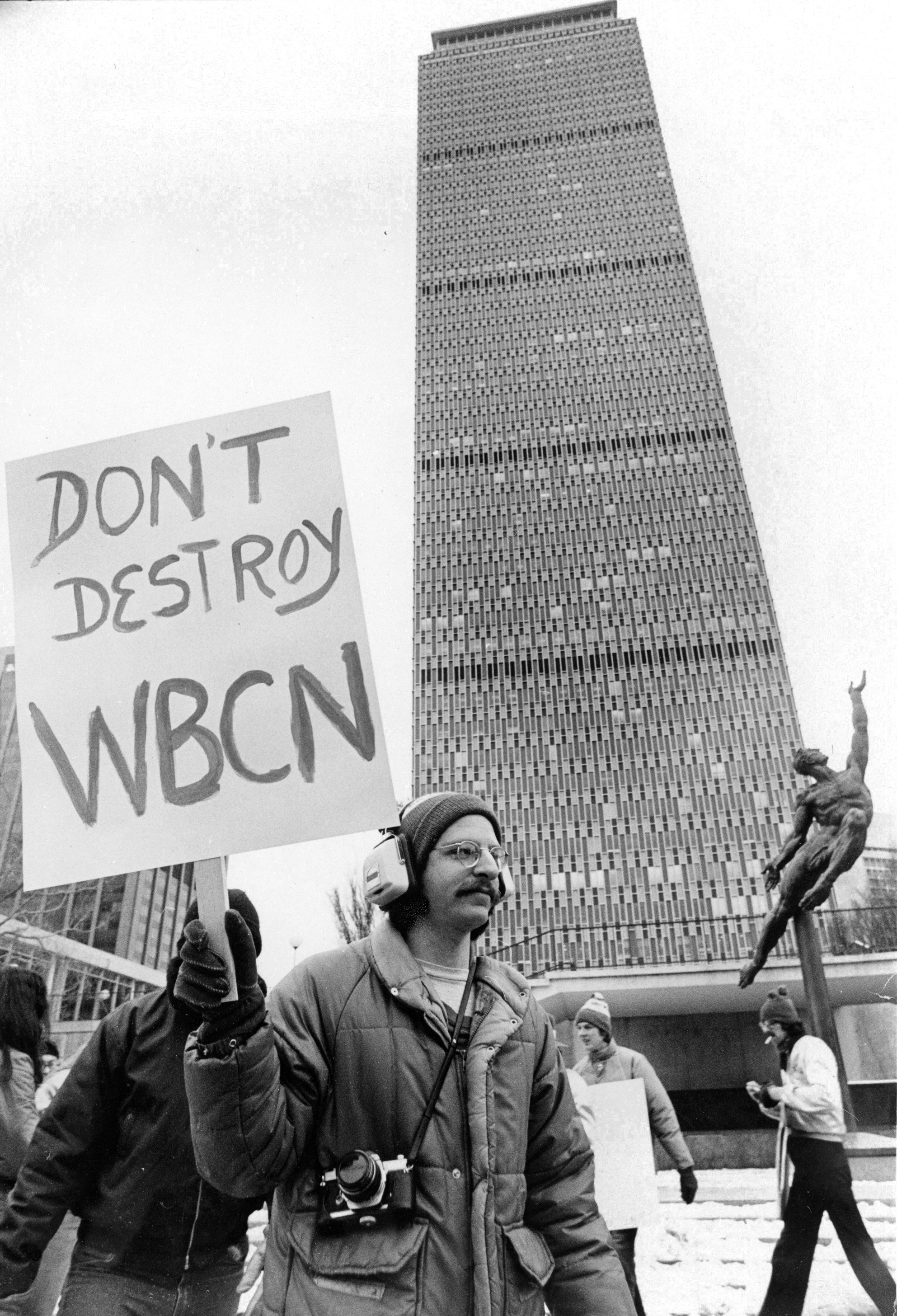 People protested firings by new management outside the WBCN office in Boston on Feb. 19, 1979.