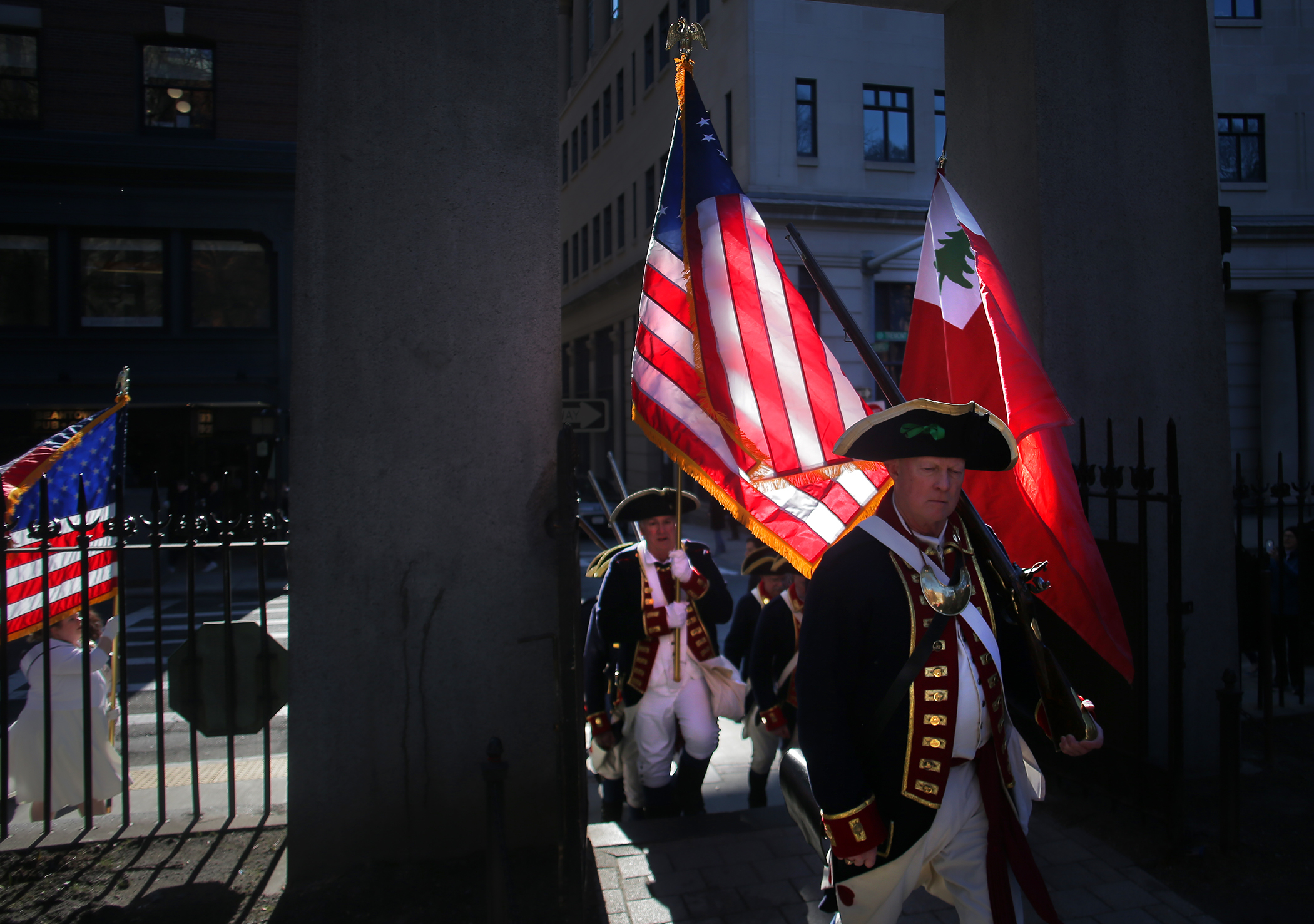 The Colonel Henry Knox Regimental Color Guard of the Massachusetts Society Sons of the American Revolution carried flags into a ceremony on March 5 commemorating the 250th anniversary of the Boston Massacre.