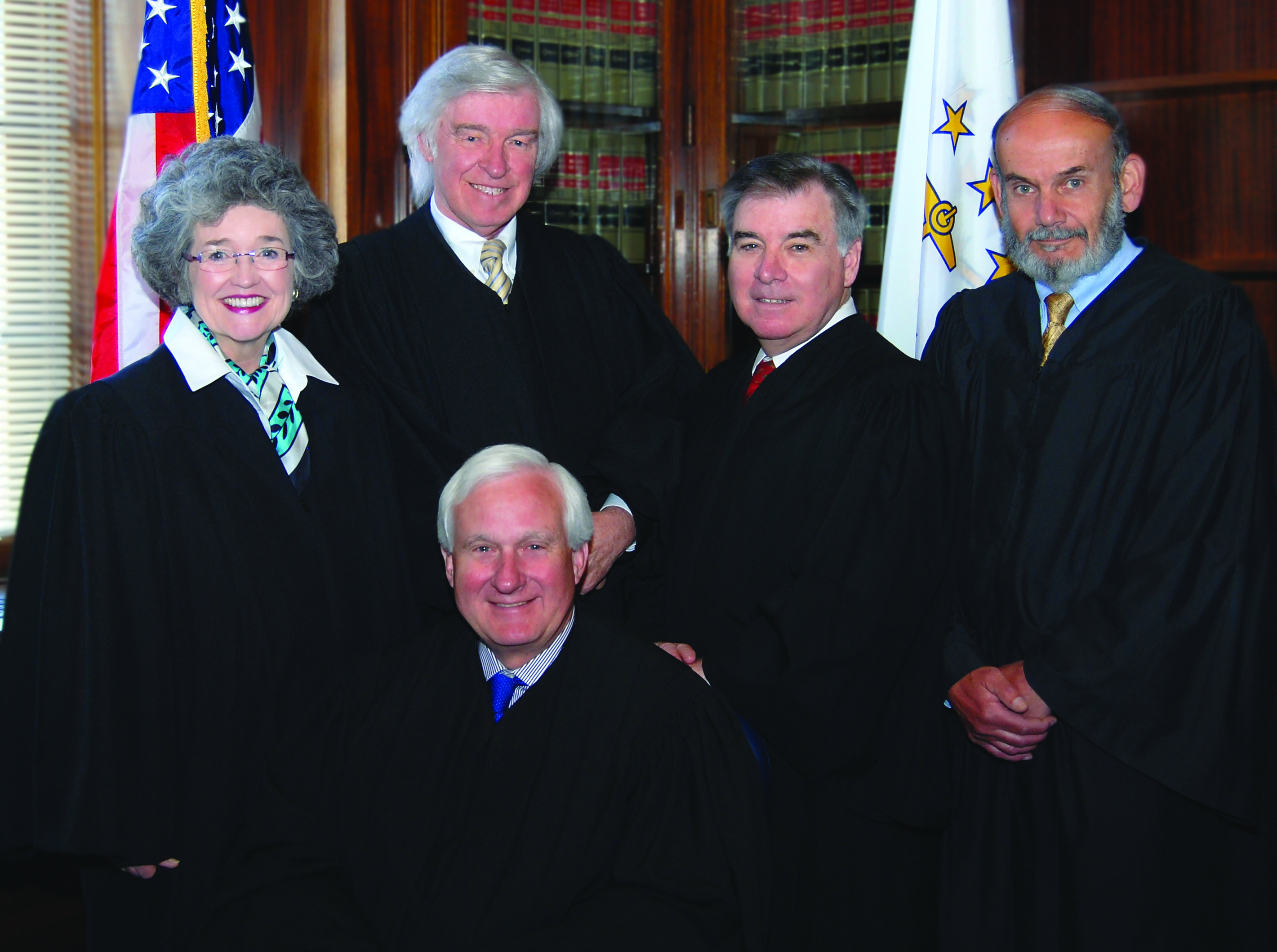 Rhode Island Supreme Court Justices (left to right) Maureen McKenna Goldberg, William P. Robinson III, Chief Justice Paul A. Suttell, Francis X. Flaherty, Gilbert V. Indeglia.