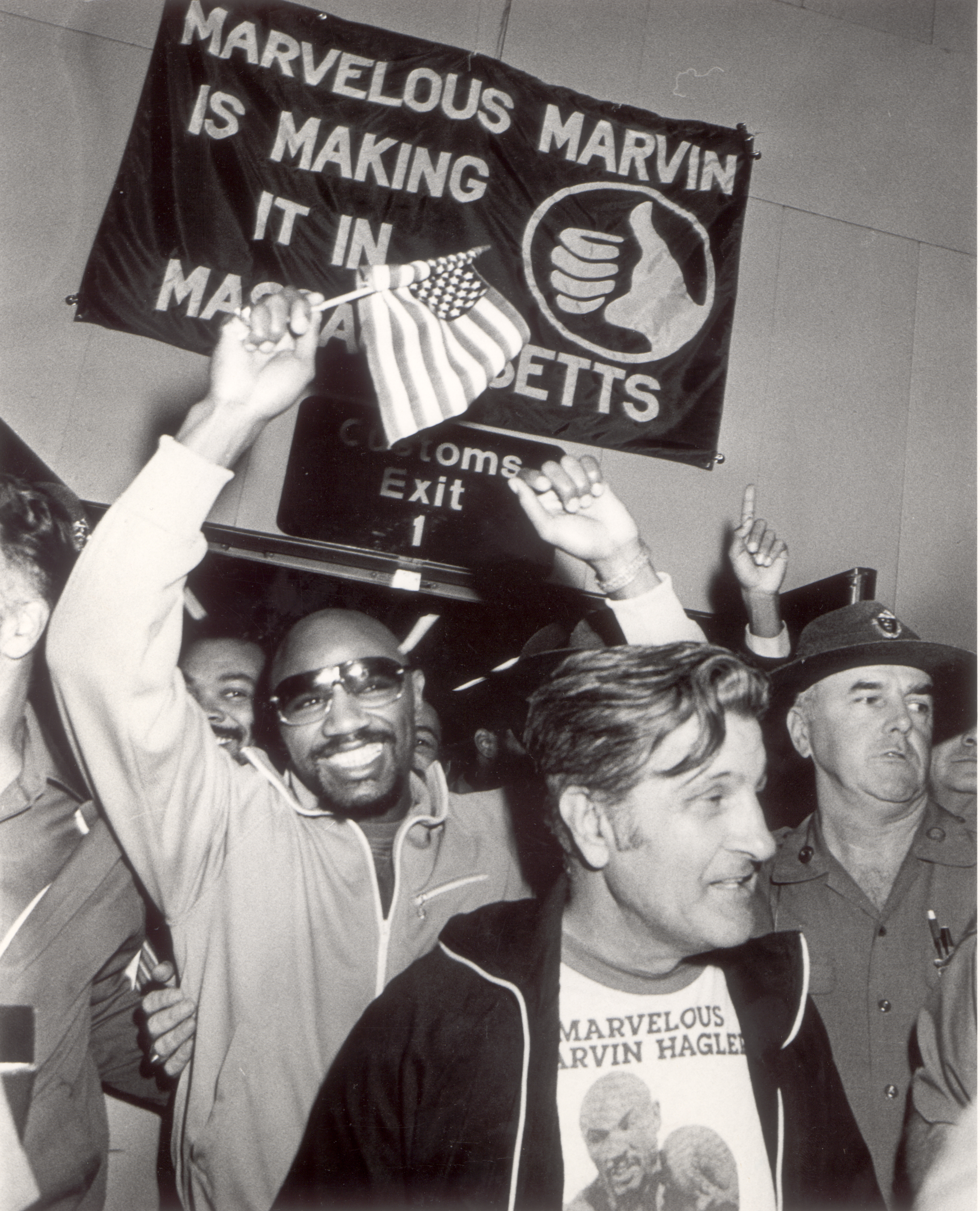 Marvelous Marvin Hagler attracts attention at Logan Airport in this Sept. 9 file photo.