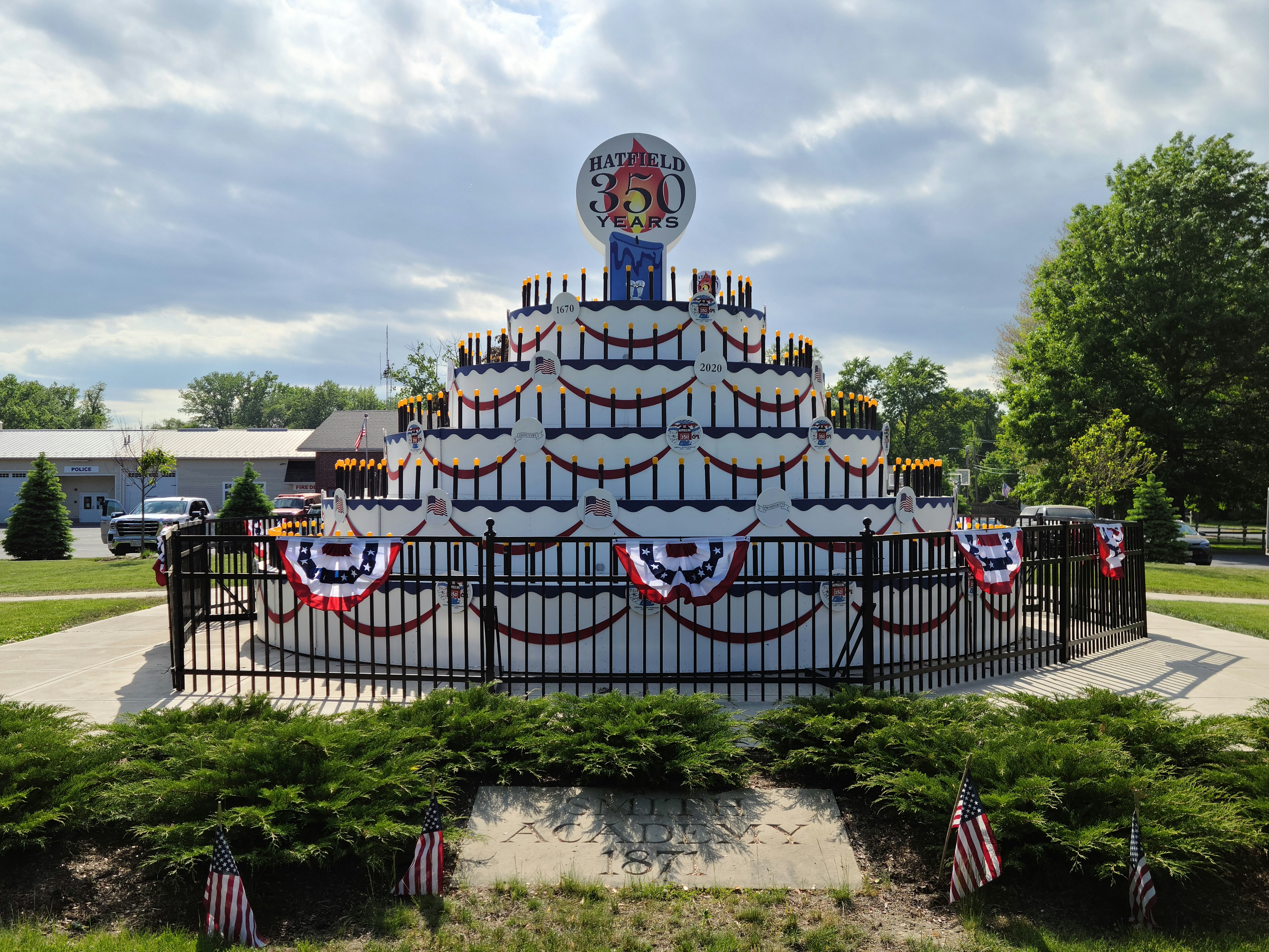 The giant cake near the Town Hall in Hatfield will be broken down and moved to nearby Whately, which is celebrating its 250th anniversary this year.