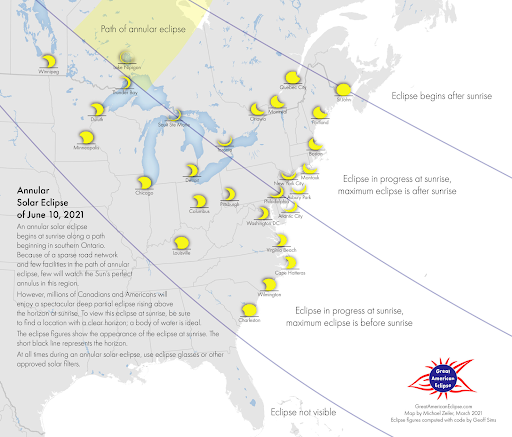 In general, you will get the most dramatic views of the rising eclipse along the middle curve of the three curves in this map.