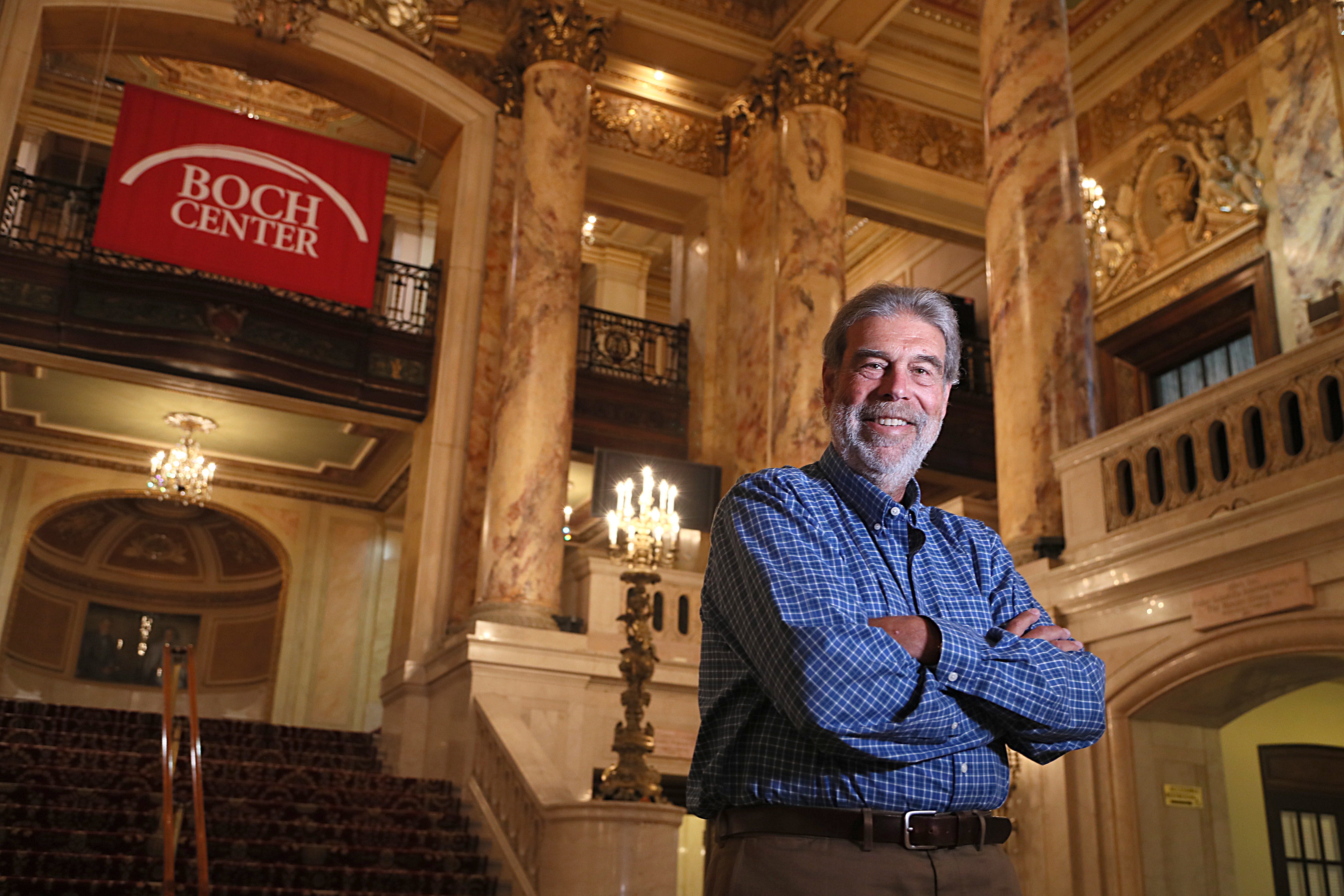 Joe Spaulding, chief executive of the Boch Center for the Performing Arts, posed in the lobby of the Wang Theatre.
