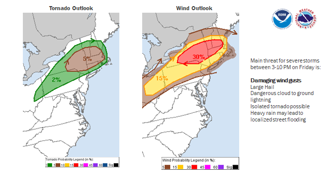 Parts of Southern New England could see high winds and a chance of a tornado as thunderstorms move across the region Friday.