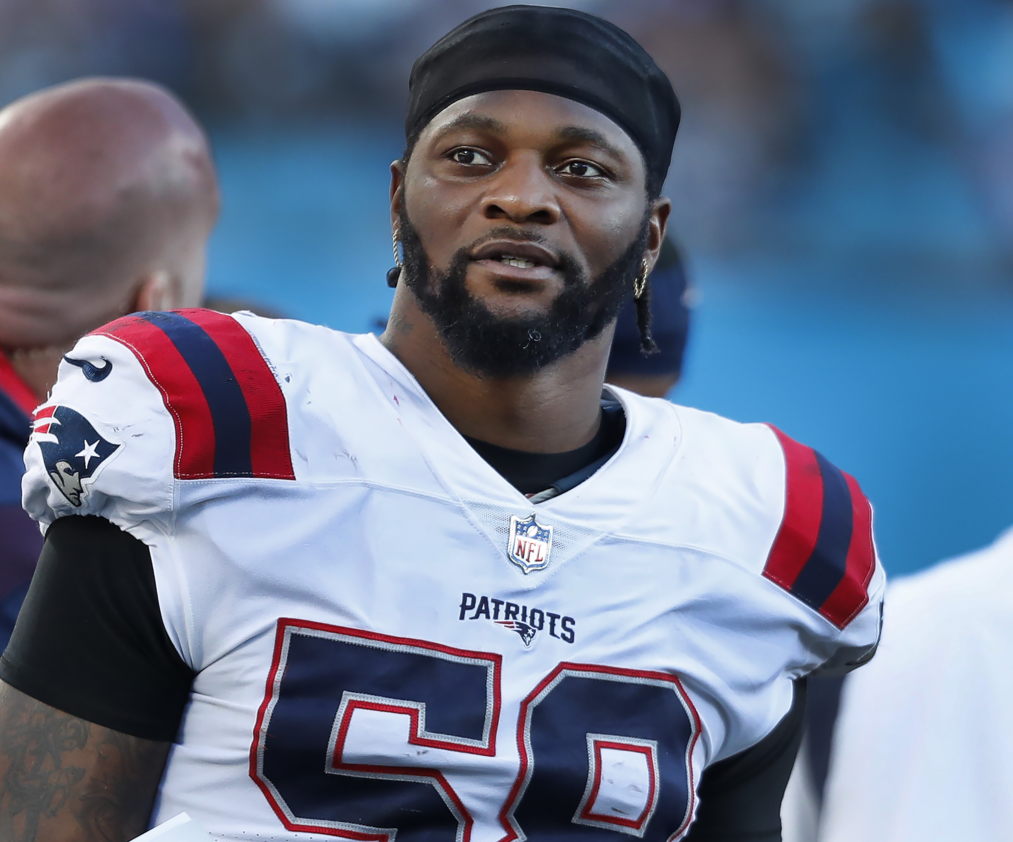 New England Patriots linebacker Jamie Collins warms up during an NFL  football practice, Wednesday, Sept. 18, 2019, in Foxborough, Mass. As  dominant as the Patriots' offense has been through two games, their