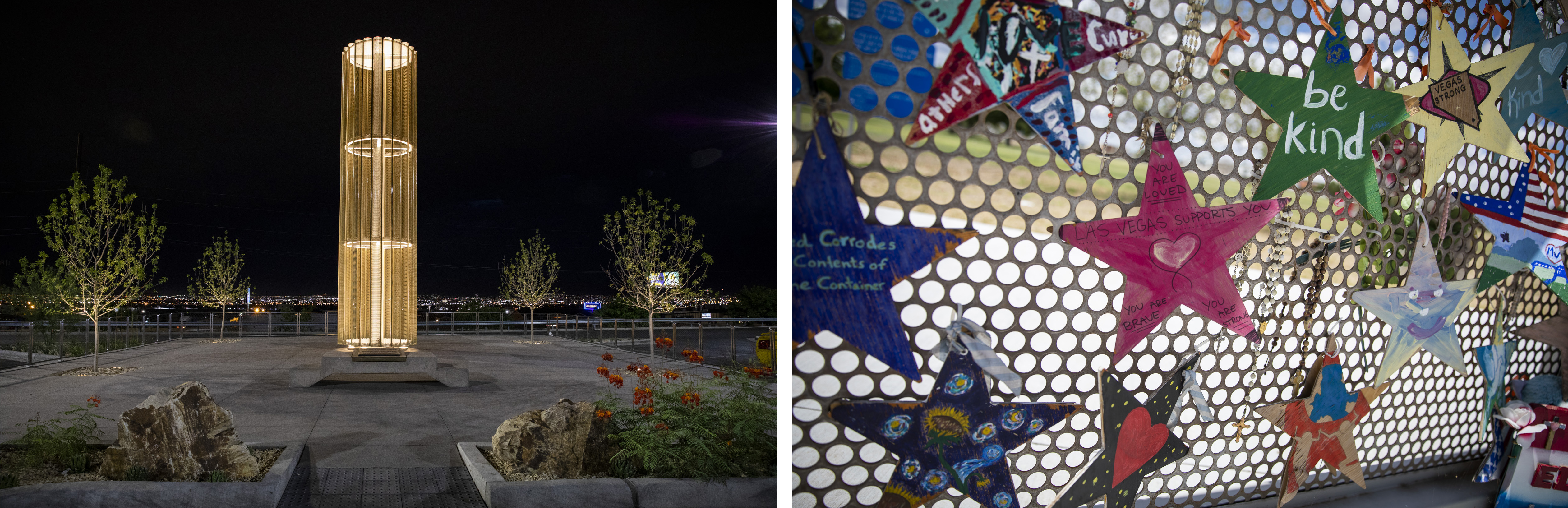 A memorial, called the "Grand Candela" was built in front of the El Paso Walmart to honor the 23 victims. At left, painted wooden stars were hung on a makeshift memorial across the street.