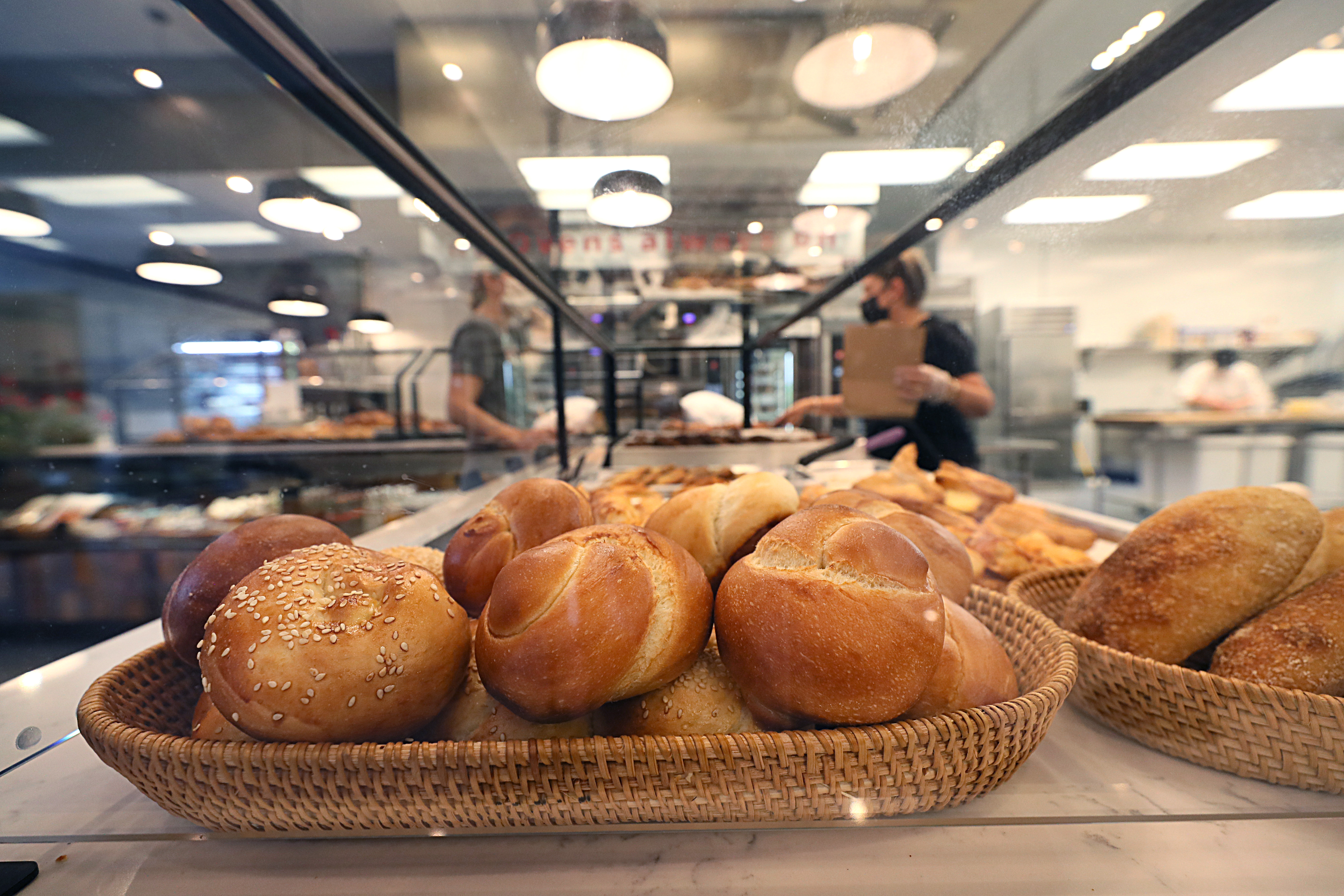 Rolls and baked goods on display at Bakey.