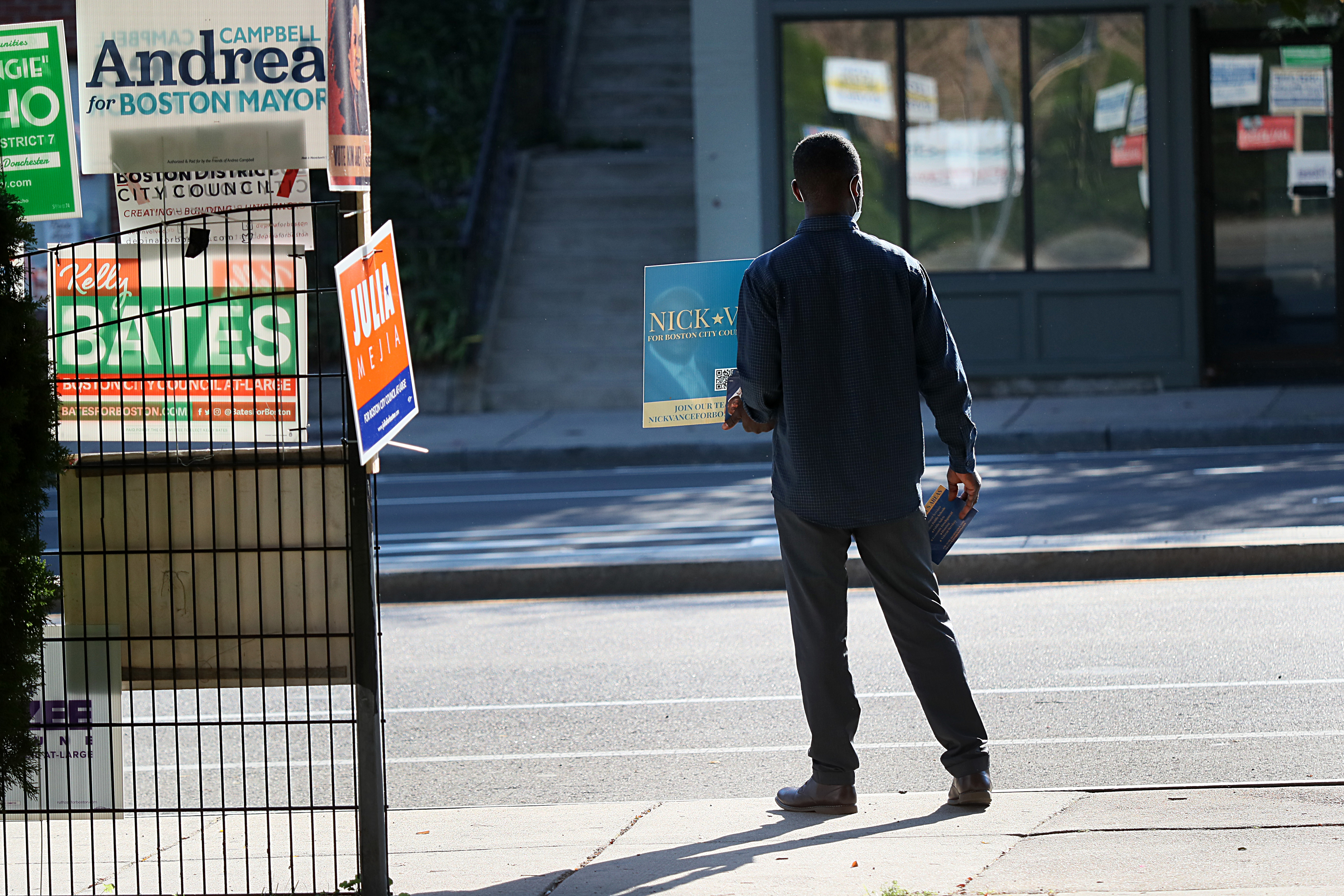 Signs for candidates at the Yawkey Boys and Girls Club in Roxbury.
