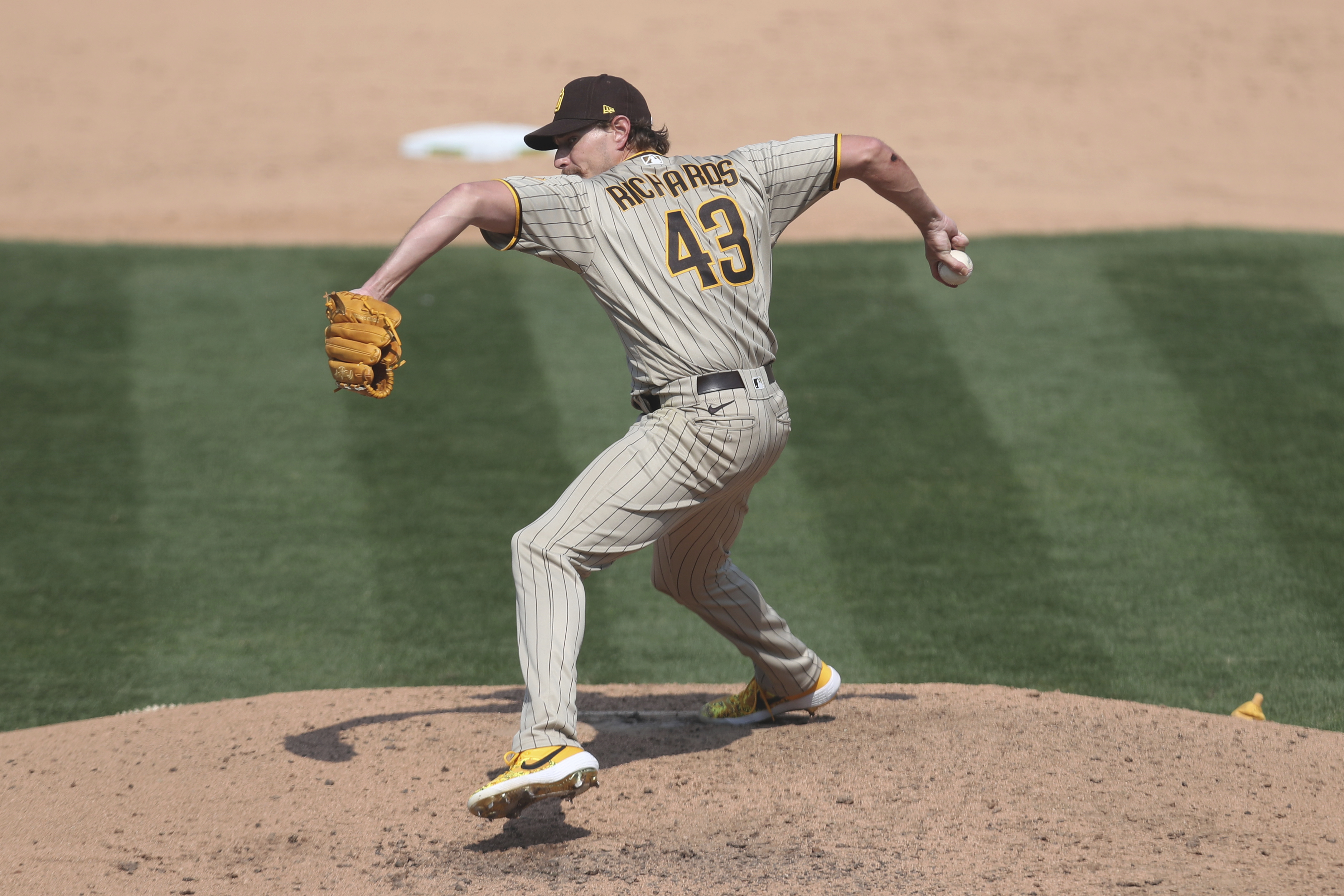 Garrett Richards delivers against Oakland last September.