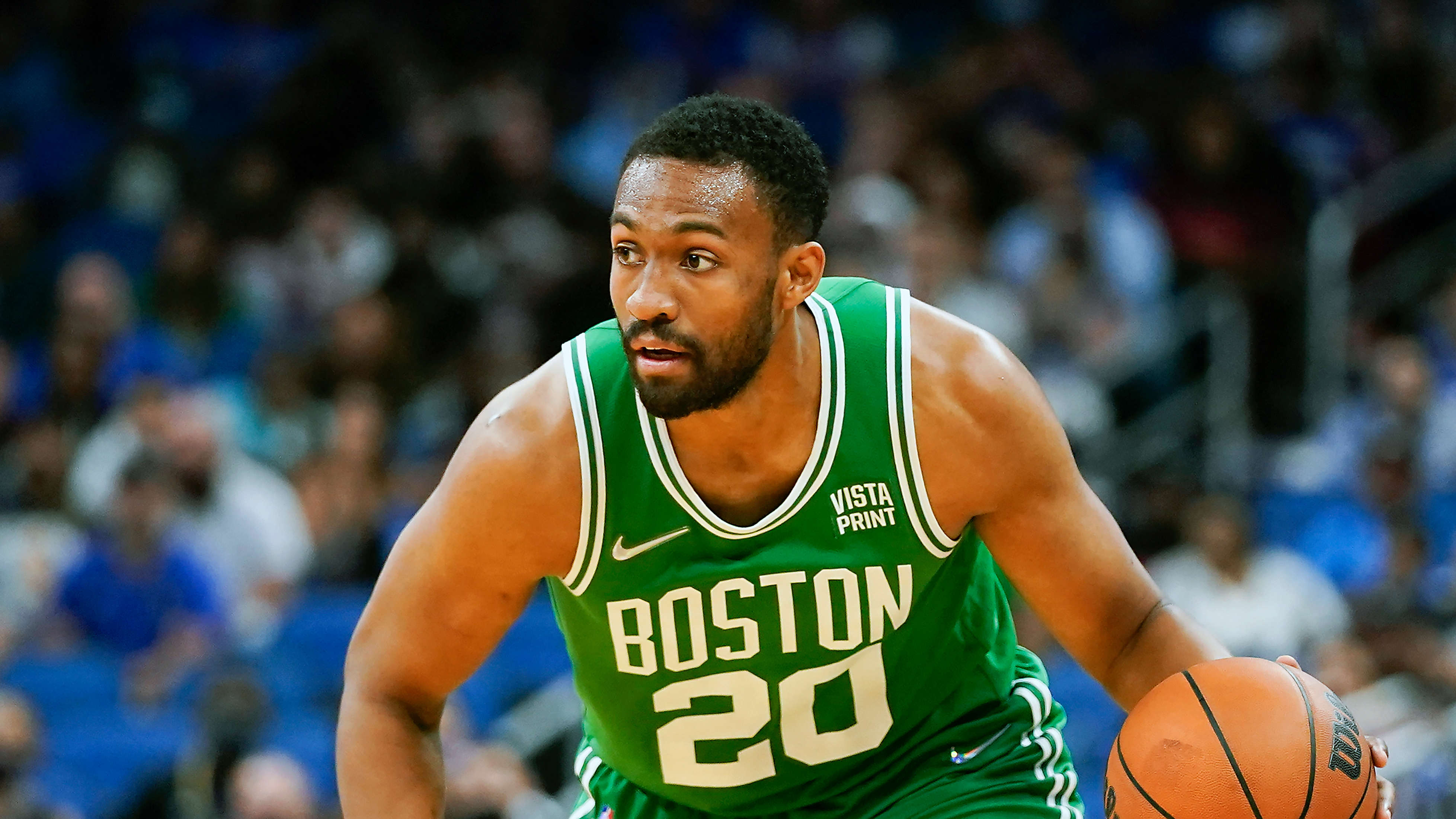 Orlando, Florida, USA, October 13, 2021, Boston Celtics Jabari Parker #20  takes a three point shot during the first half at the Amway Center. (Photo  Credit: Marty Jean-Louis Stock Photo - Alamy