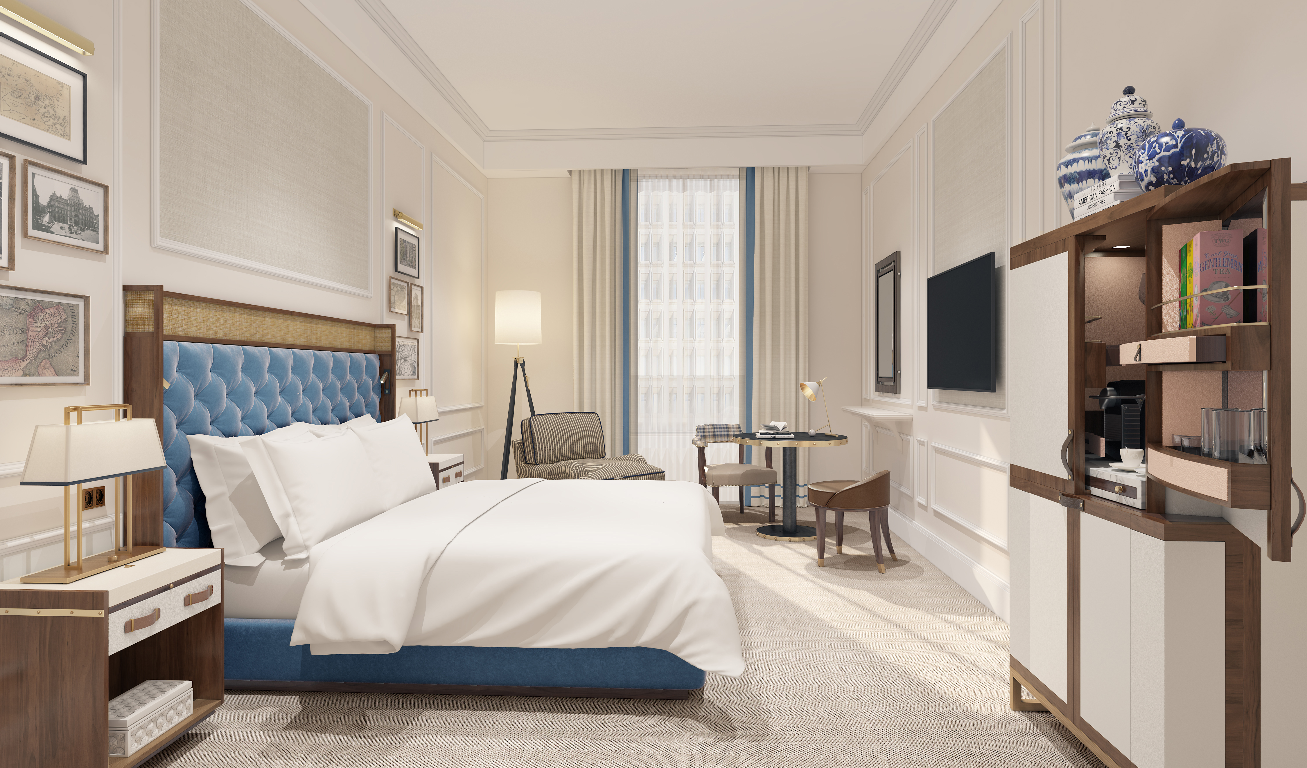 A room at the newly remodeled Langham Boston.