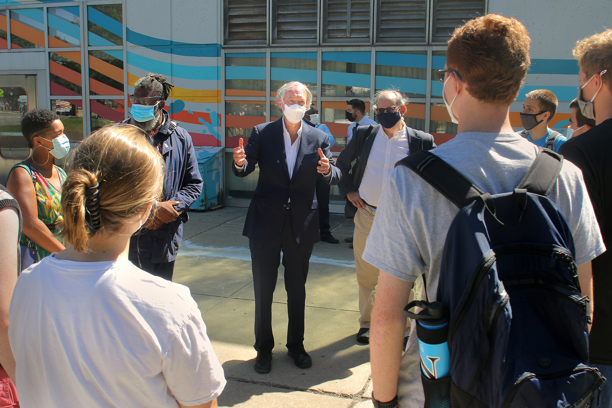 Boston, MA - 09/07/21 - Senator Ed Markey, along with transportation and environment activists, advocated at a press conference outside Ruggles MBTA station on the Orange Line for more and faster spending on climate resiliency for infrastructure.