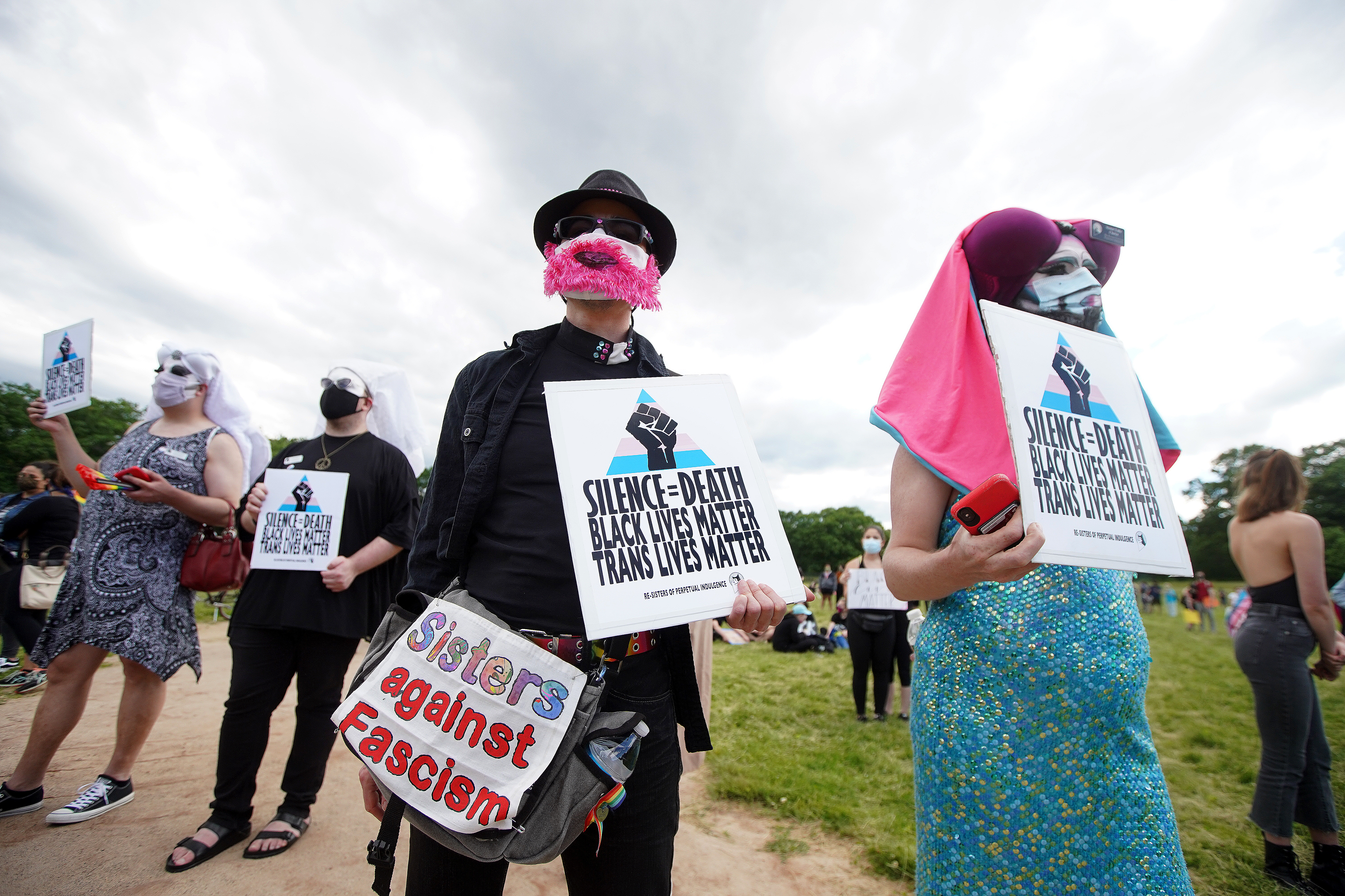 Members of the Boston Sisters of Perpetual Indulgence joined the protesters.