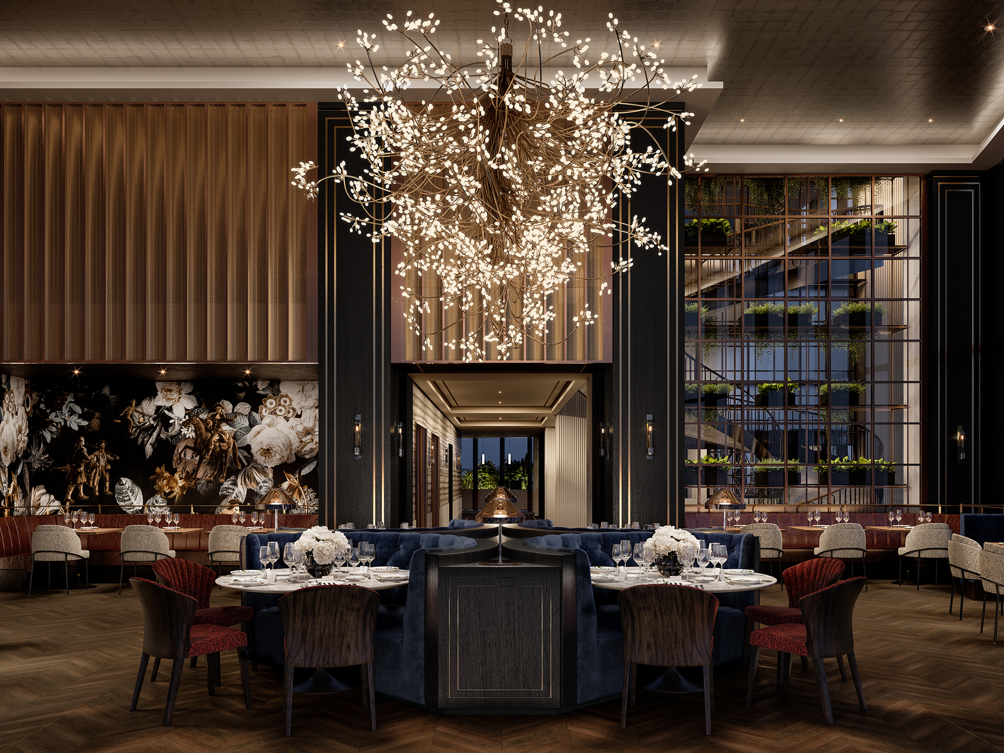 A rendering of the Sky Lobby Fine Dining Restaurant at Raffles Back Bay Hotel & Residences with a botanical-inspired chandelier.