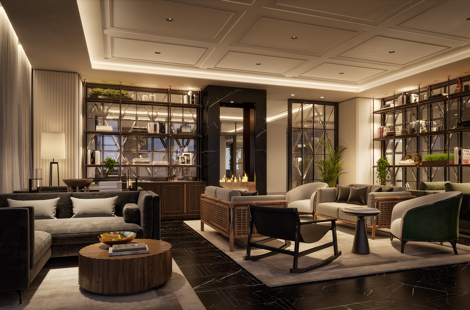 A rendering of the Writers' Lounge at Raffles Back Bay Hotel & Residences. The hotel opens in late 2022.
